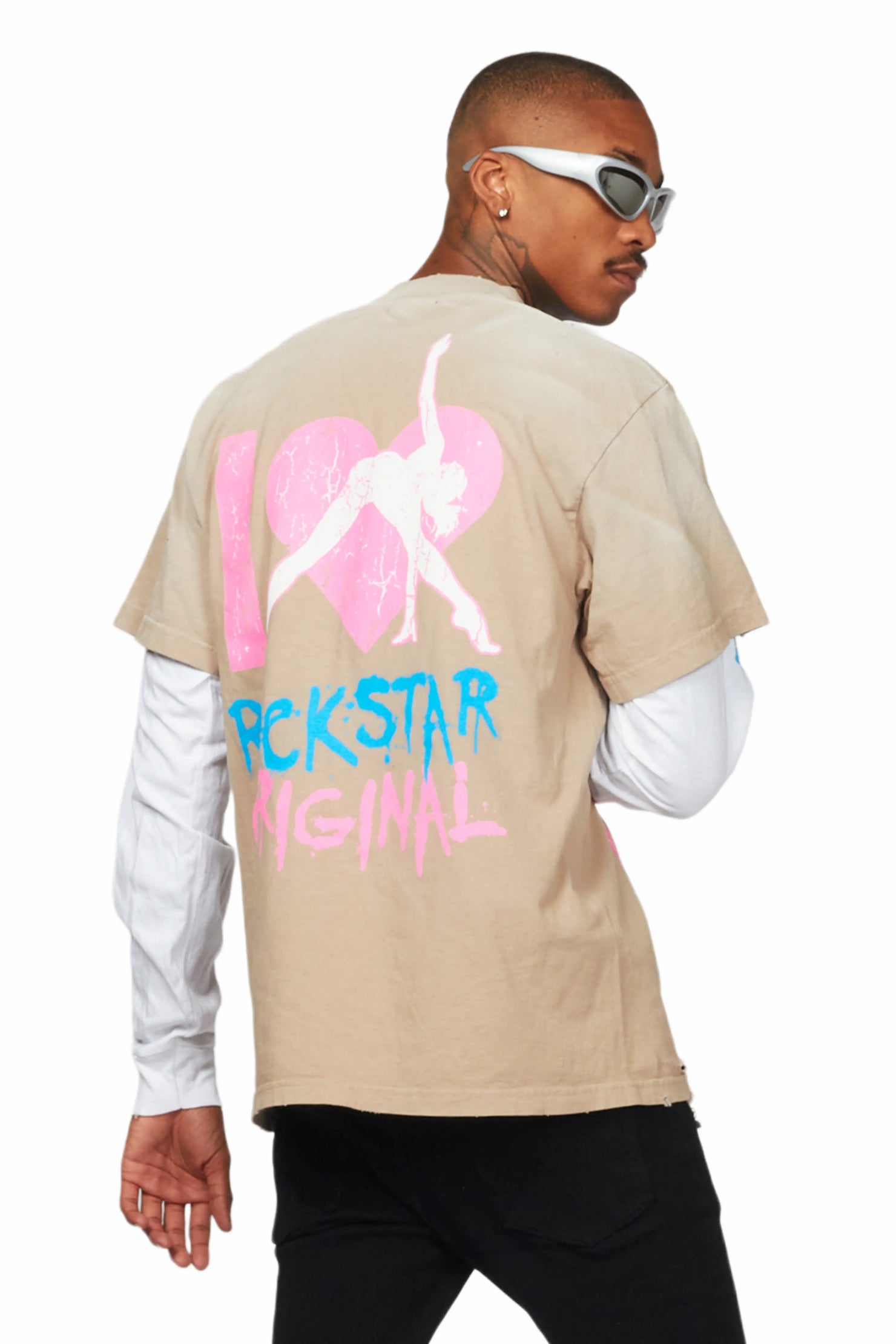 Floridabolous Beige/White Double Layer Long Sleeve Graphic T-Shirt