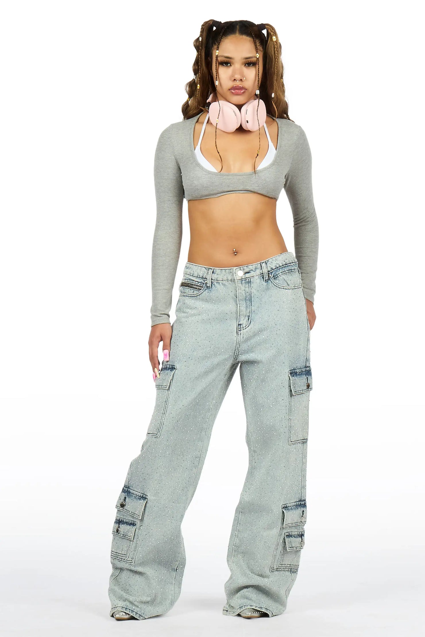 Dominika Light Wash Rhinestone Baggy Fit Jean