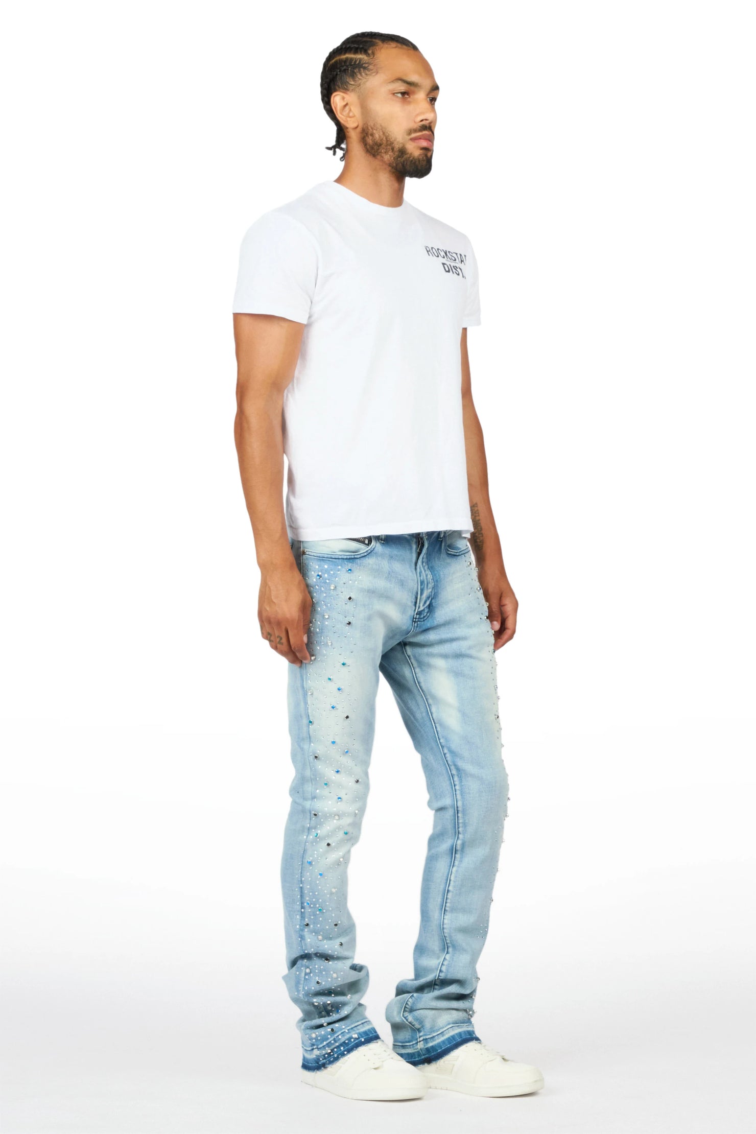 Monty Light Blue Rhinestone Studded Stacked Flare Jean