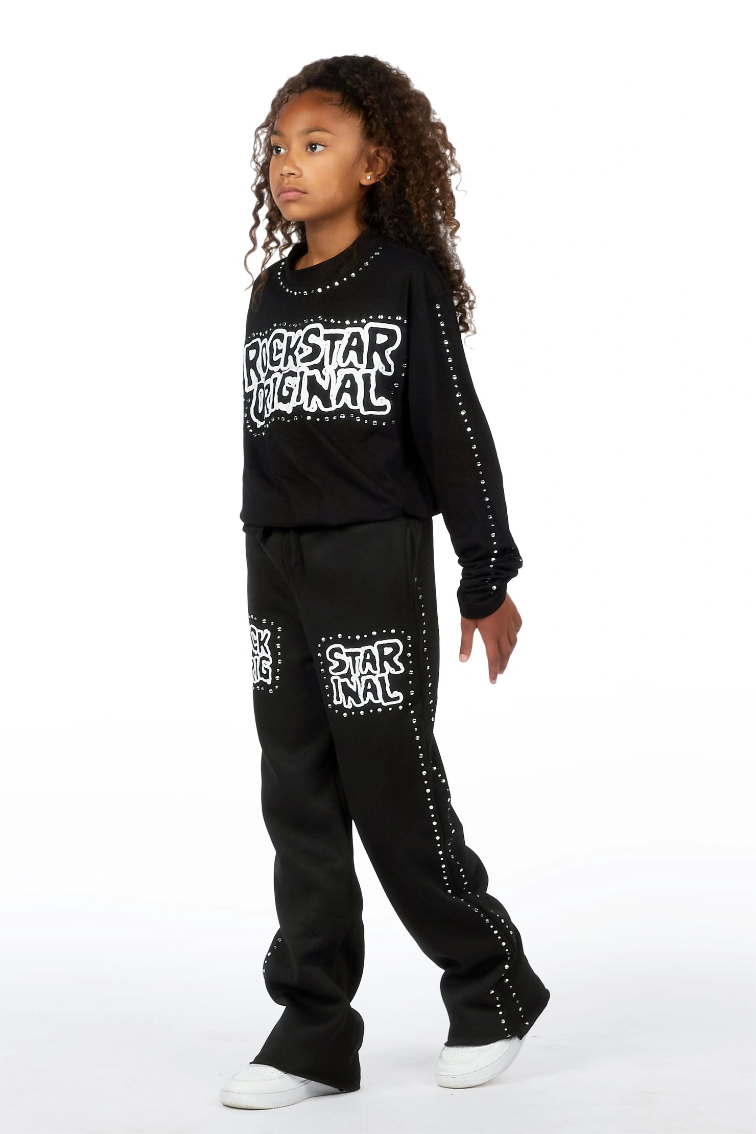 Girls Merca Black Rhinestone Long Sleeve Shirt Relaxed Track Set