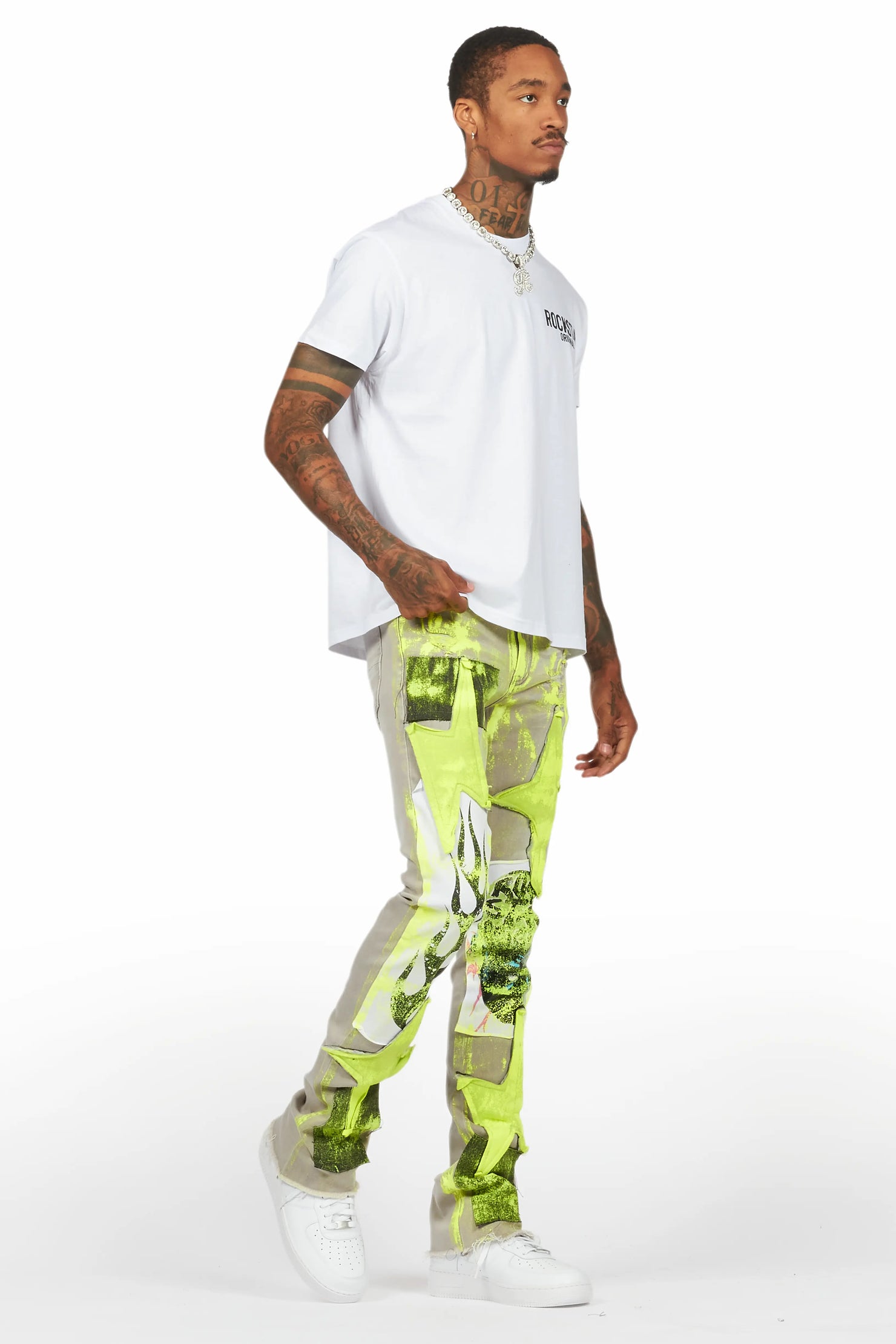 Edge Grey/Yellow Roller Paint Stacked Flare Jean