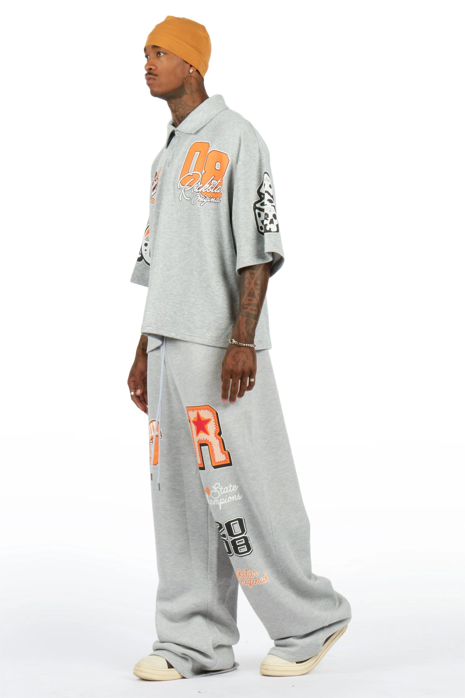 Forbidden Heather Grey Crop Boxy Polo/Fleece Baggy Track Set