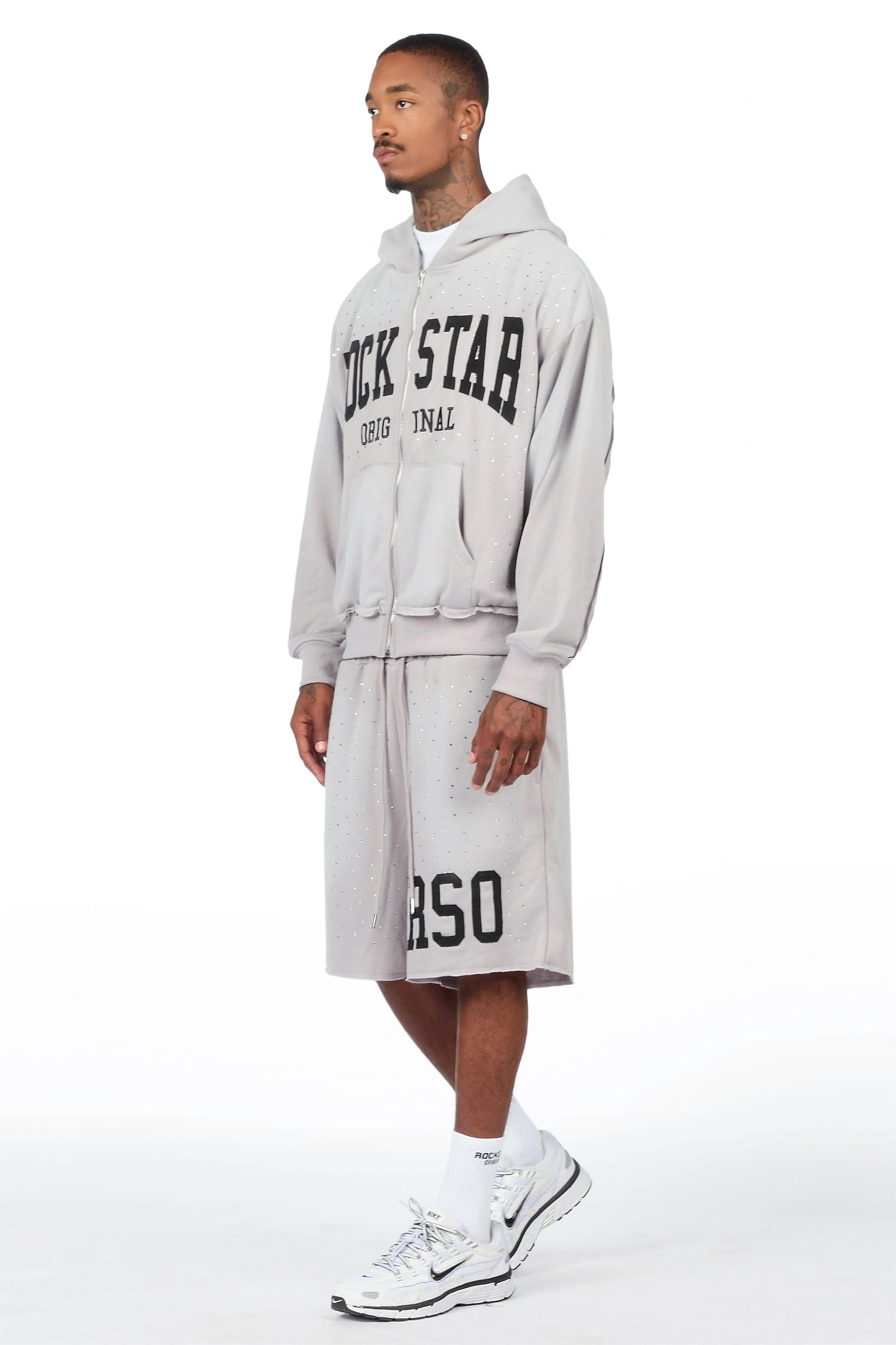 Akila Grey Rhinestone Hoodie Double Waisted Short Set