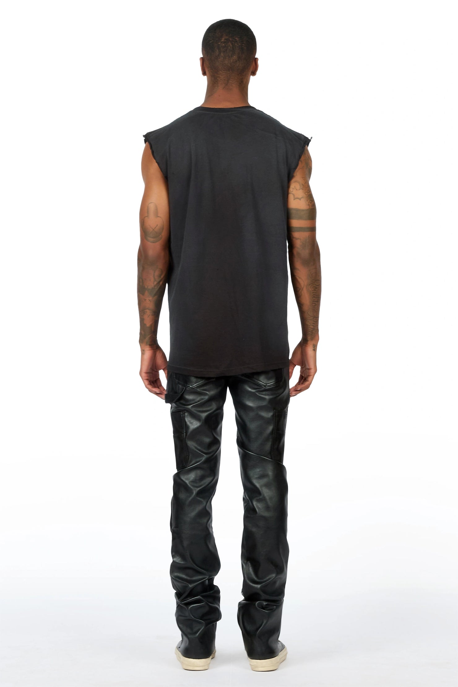 Yozi Black Cut Sleeve T-Shirt & Quatz Leather Stacked Flare Jean