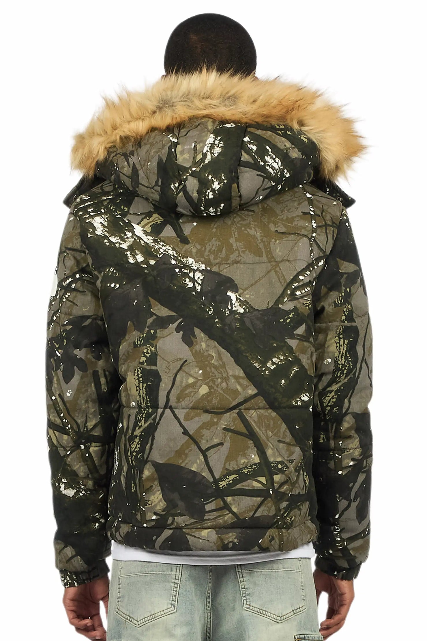 Bevis Camo Puffer Jacket With Faux Fur Hood