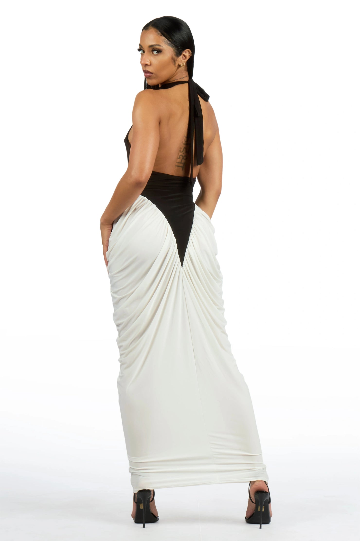 Two-Toned Black/White Rouche Midi Dress