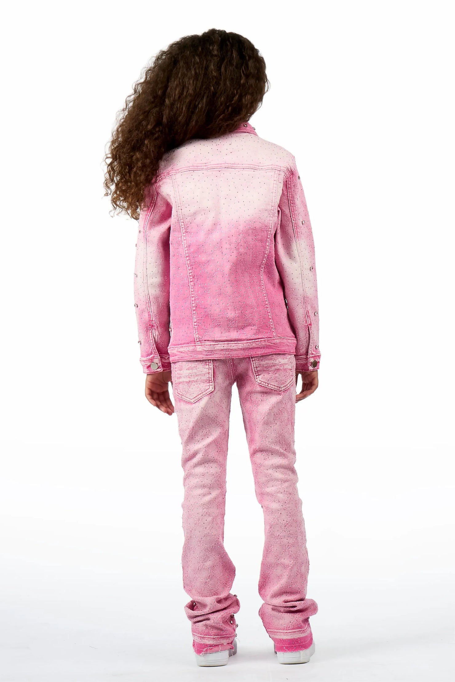 Girls Sareka Pink Rhinestone Denim Jacket/Jean Set