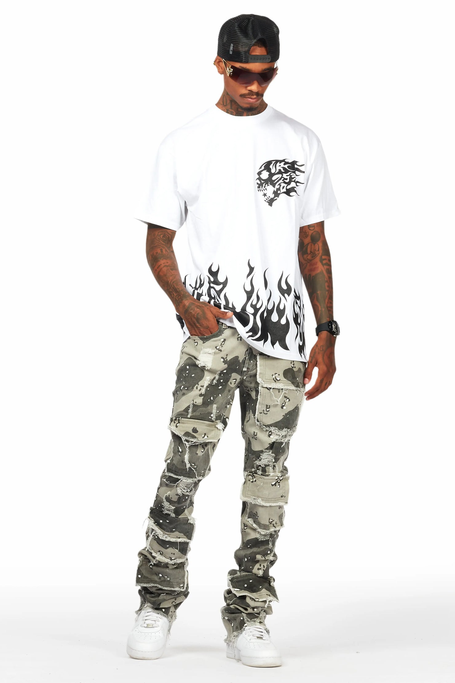 Petrus Grey Camo Super Stacked Flare Jean