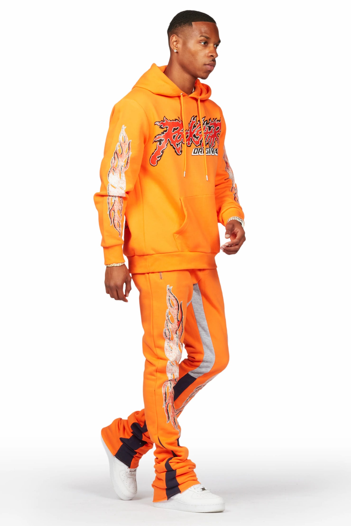 Yash Orange Hoodie Stacked Flare Track Set