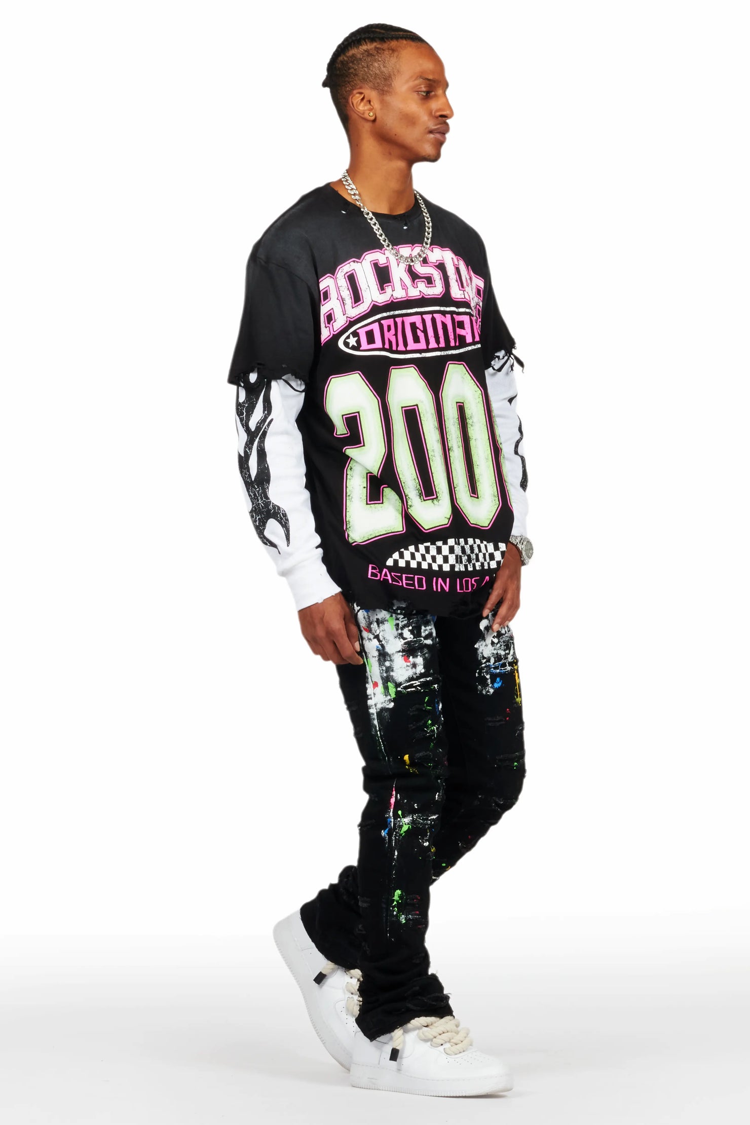 Jaren Black Double Layer Long Sleeve Graphic T-Shirt