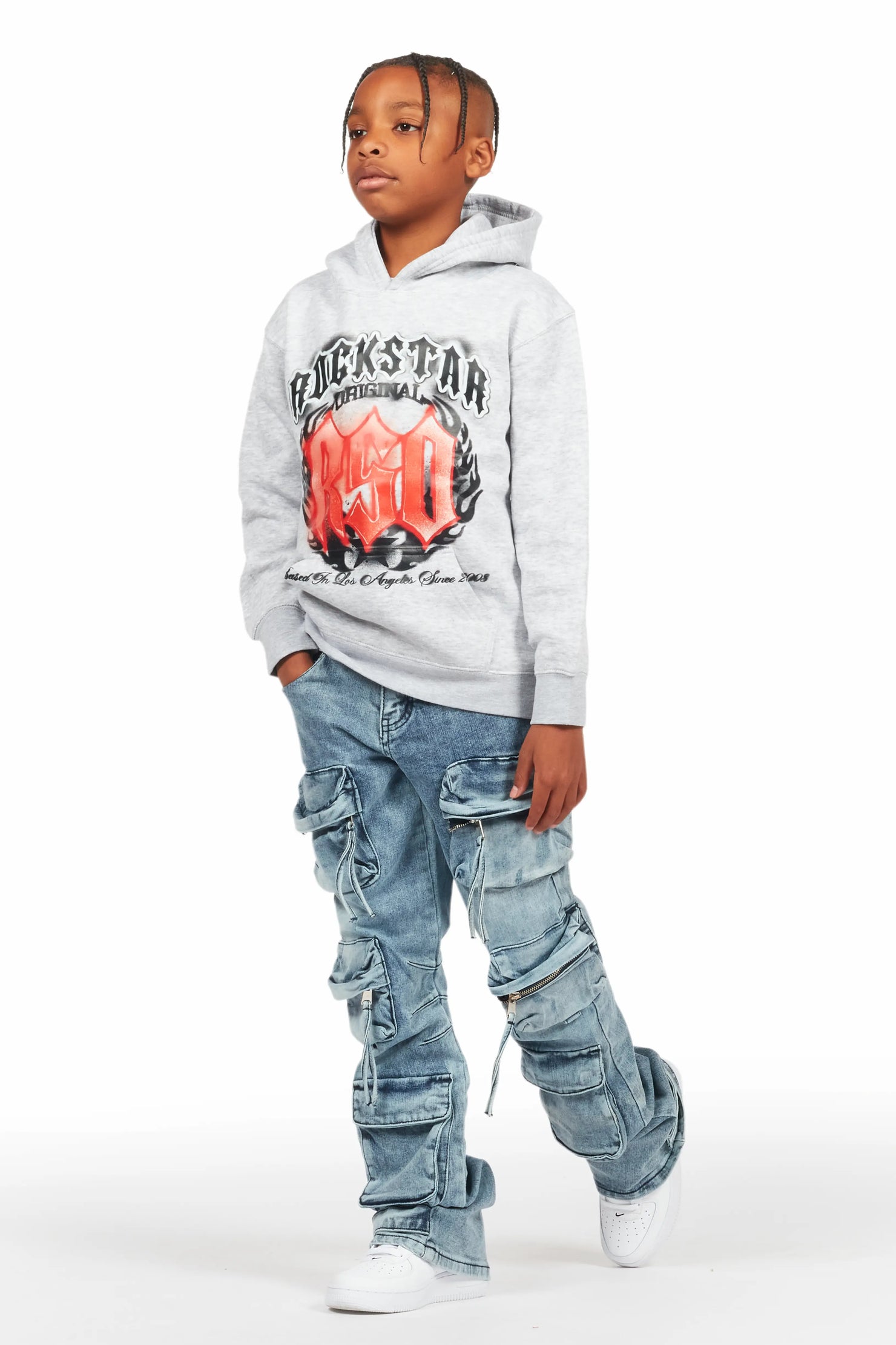 Boys Boaz Heather Grey Hoodie/Stacked Flare Jean Set