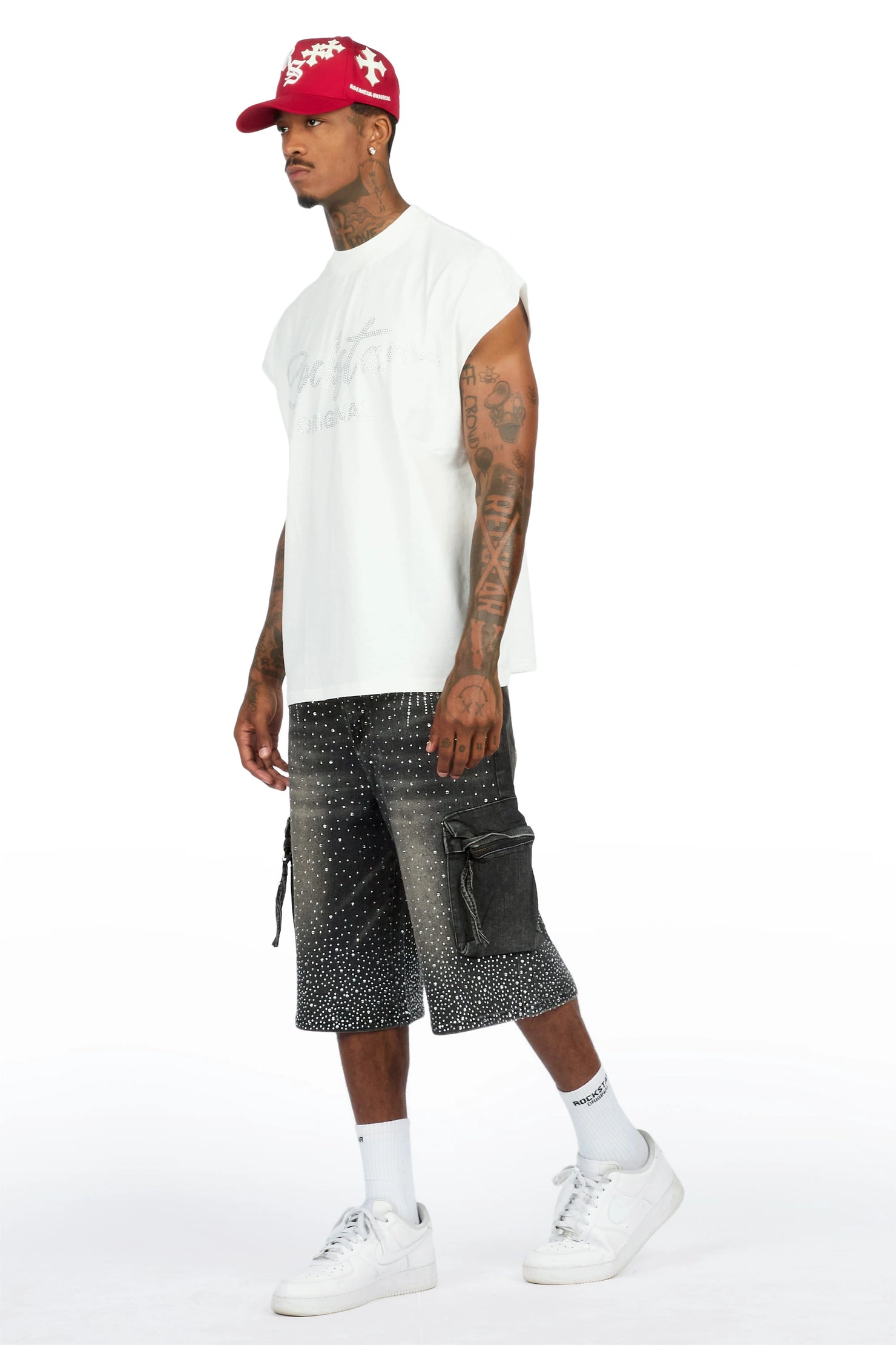 Keoni White Rhinestone Cut Sleeve T-Shirt Denim Short Set