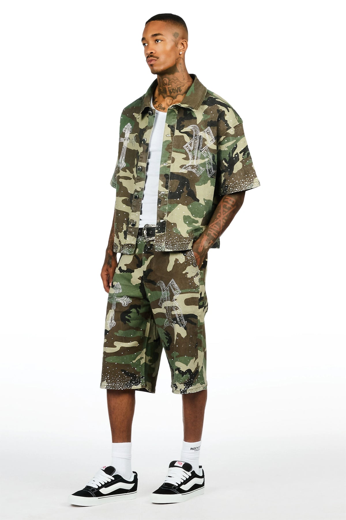 Clemente Camo Rhinestone Button Down Shirt Jort Set