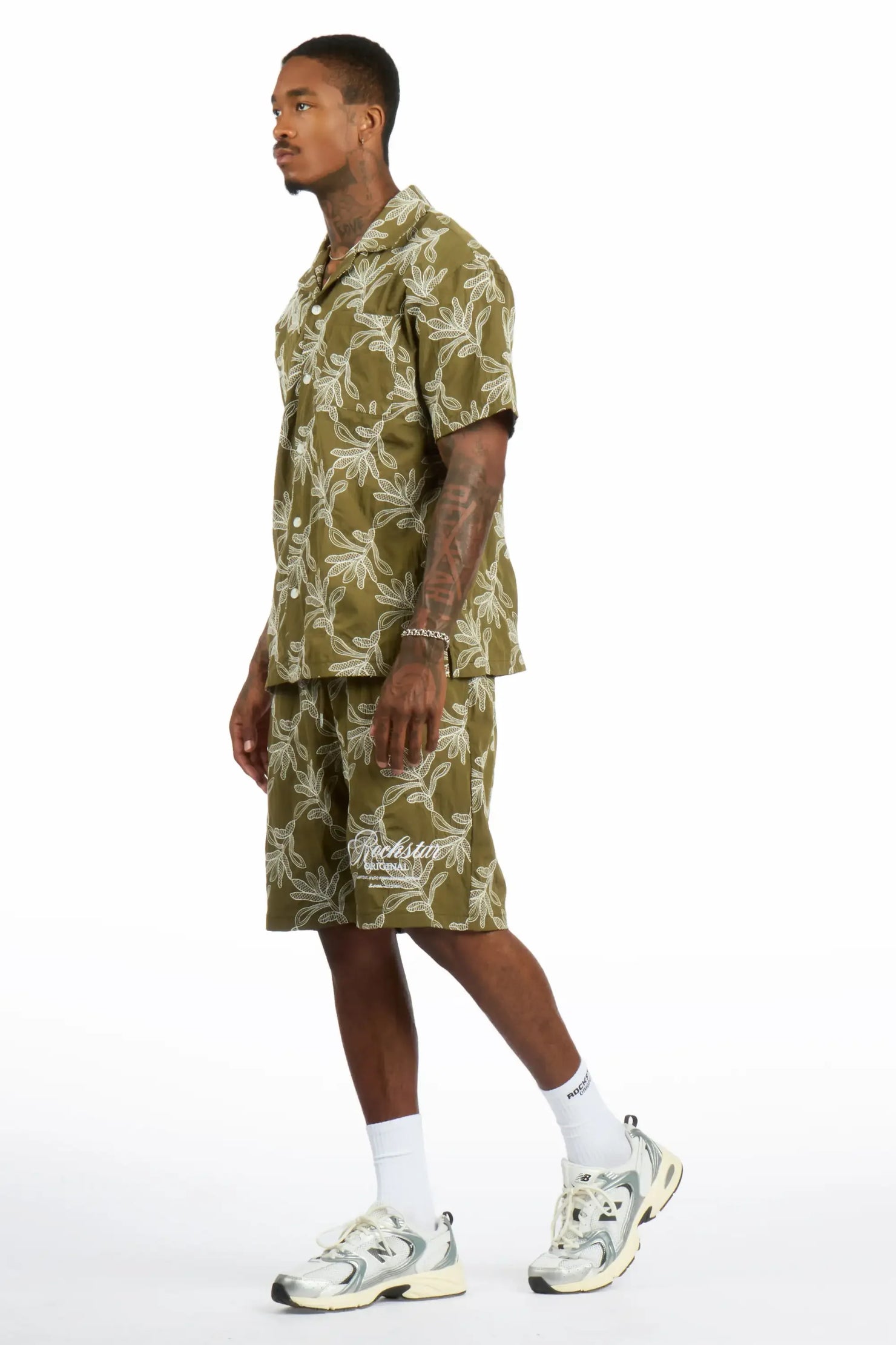 Merle Olive/White Button Down Shirt/Short Set
