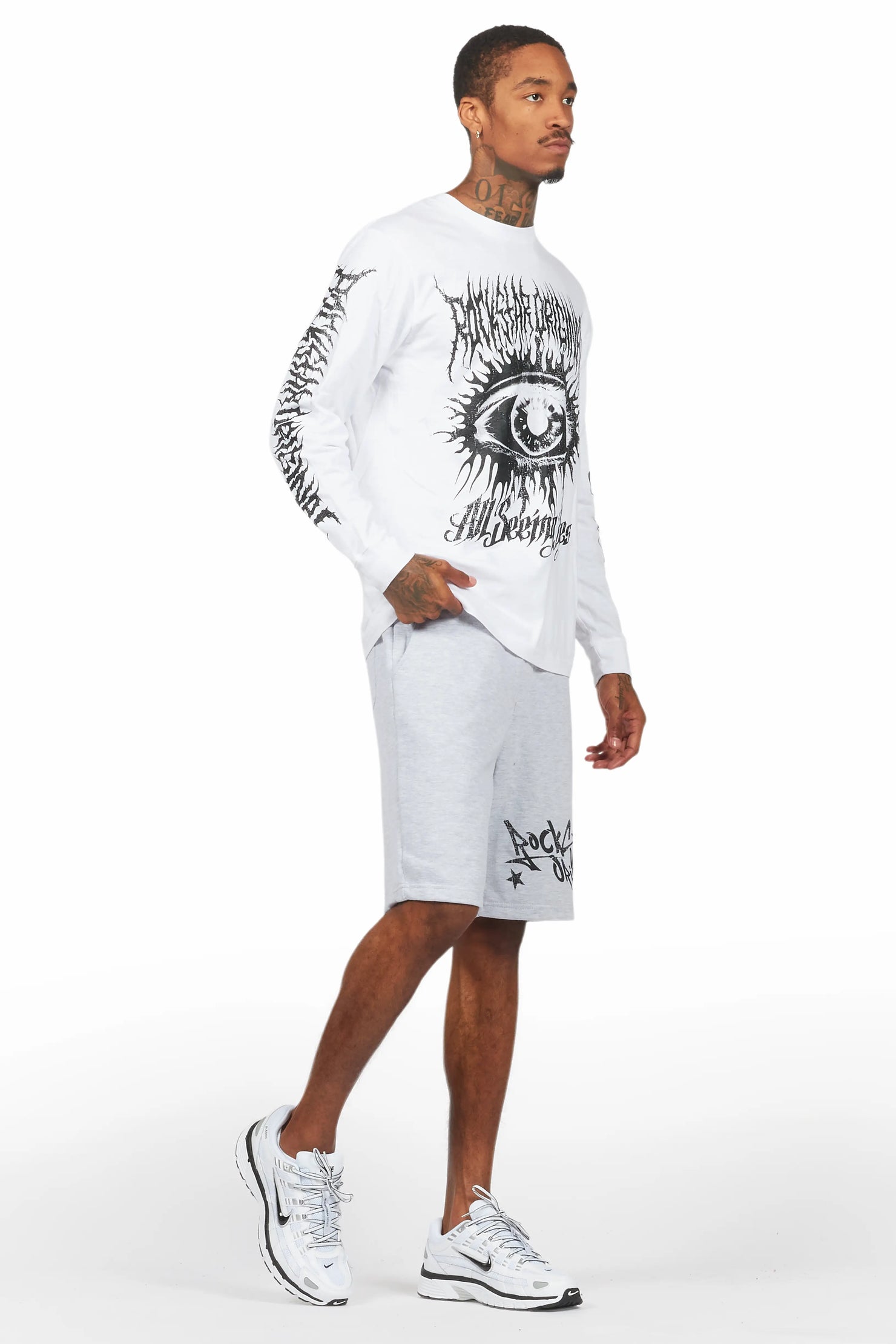 All Seeing Eyes White/Grey Long Sleeve T-Shirt Short Set