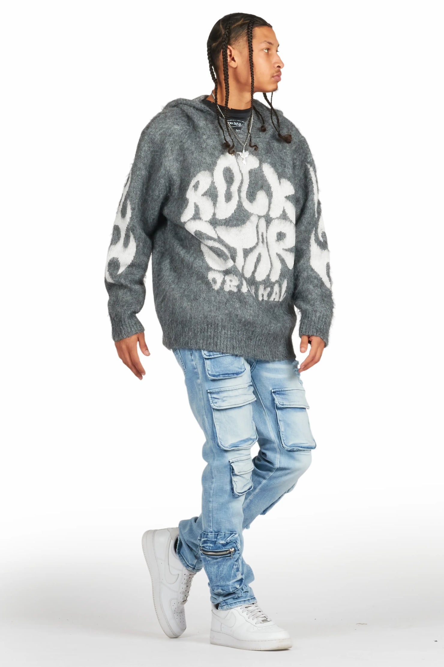 Hakon Grey Graphic Knitted Mohair Hoodie