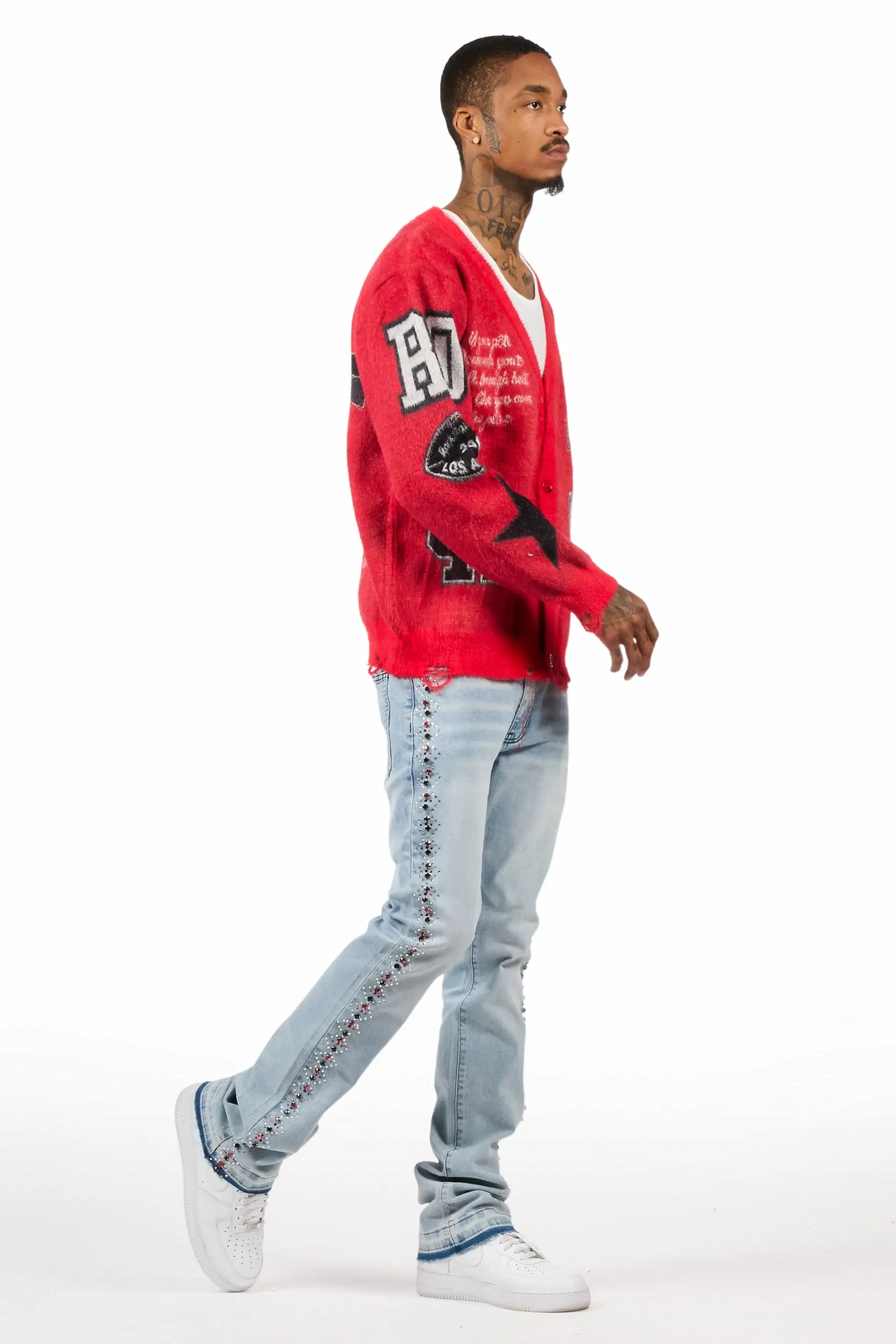 Ozi Rhinestone Light Blue Stacked Flare Jean