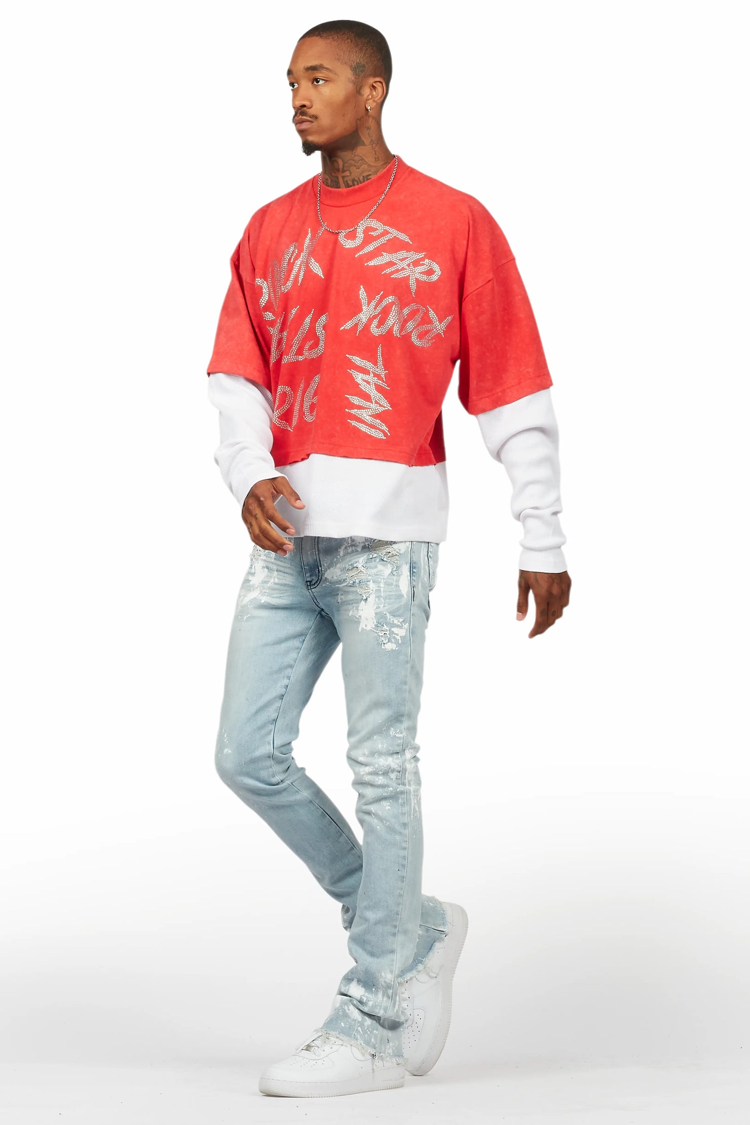 Bence Vintage Red Thermal Double Layer Boxy Crop T-Shirt