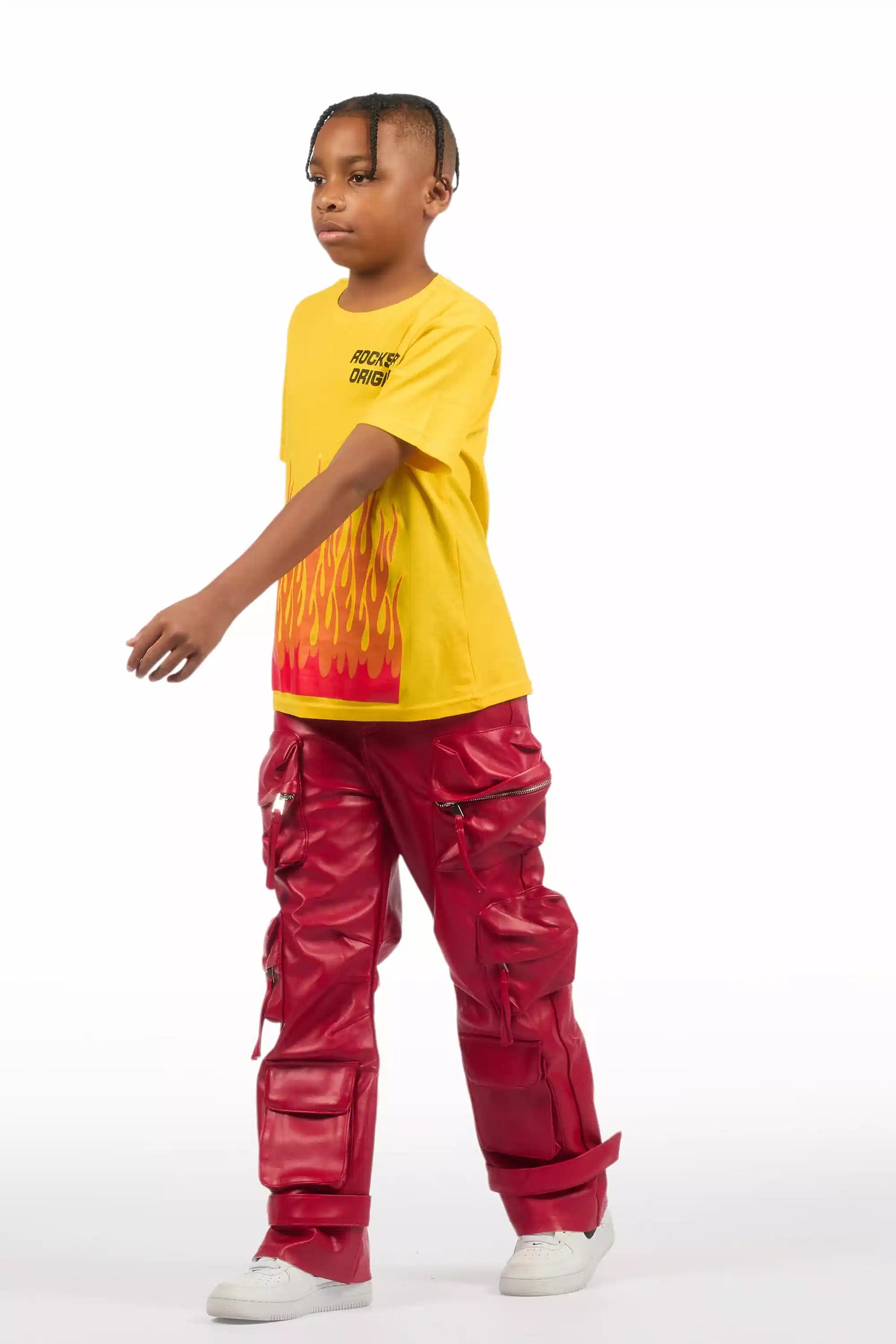 Boys Lenz Red PU Cargo Leather Baggy Fit Jean