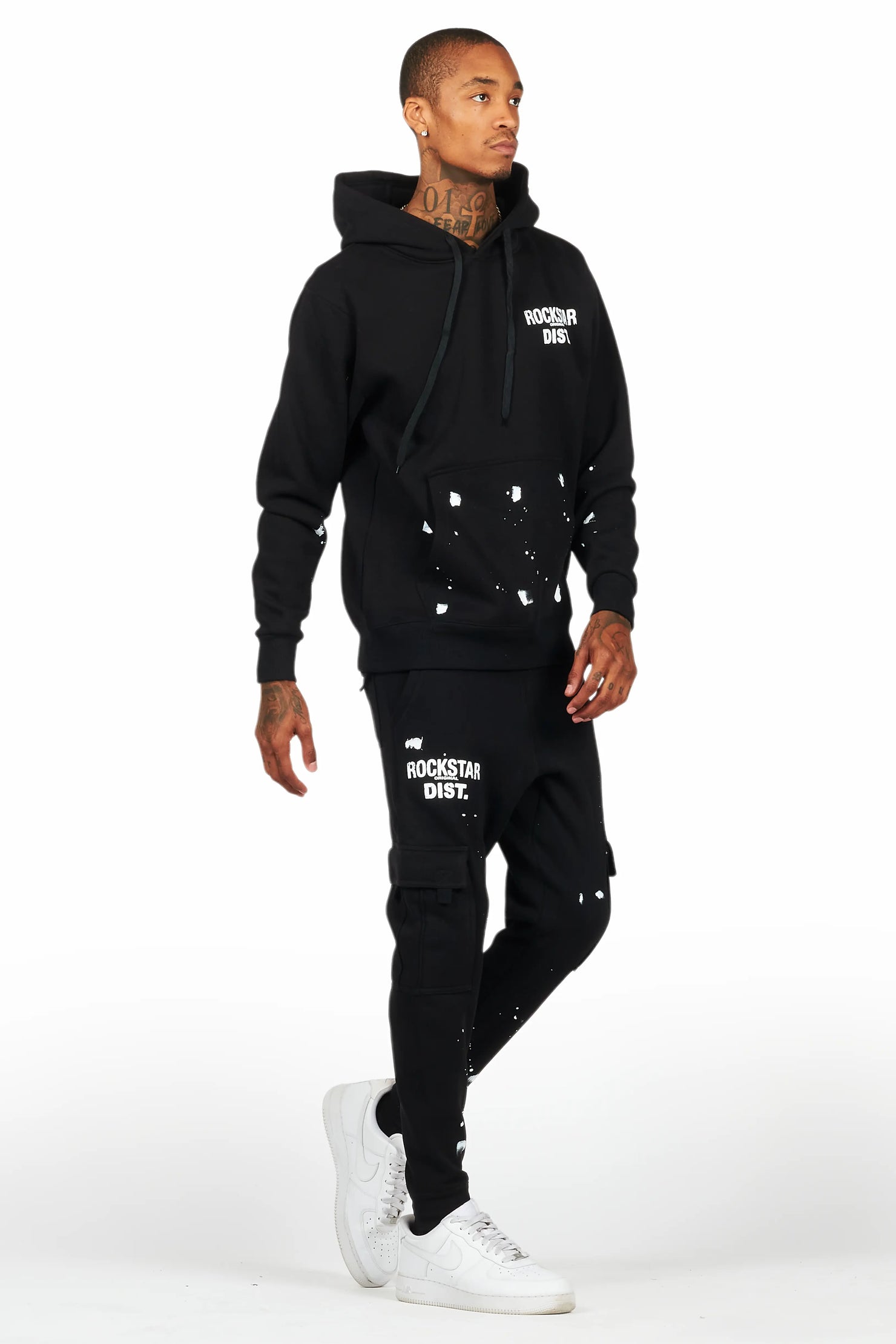 Raffer Black Hoodie/Jogger Cargo Sweat Pant Set
