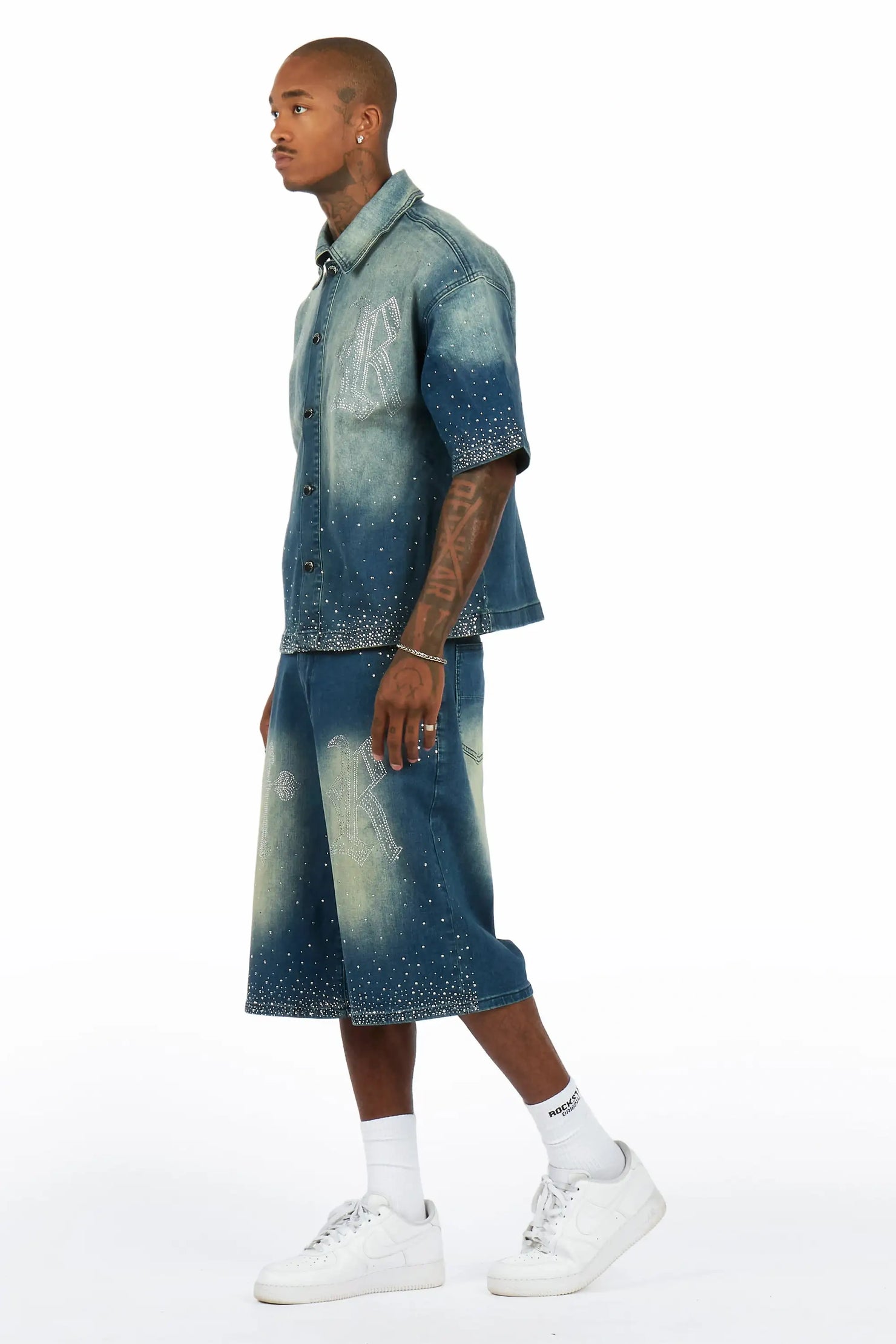 Clemente Medium Blue Rhinestone Button Down Shirt Denim Short Set