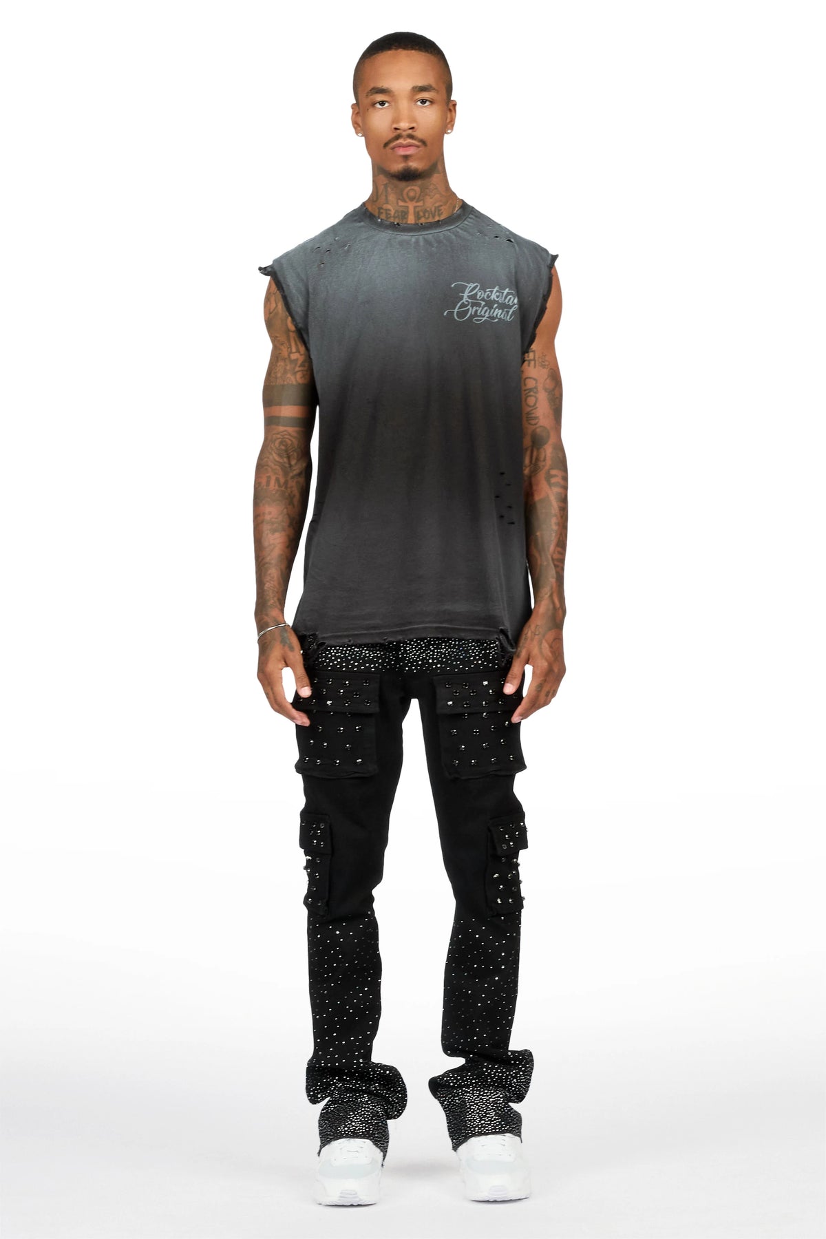Arman Jet Black Rhinestone Stacked Fit Jean