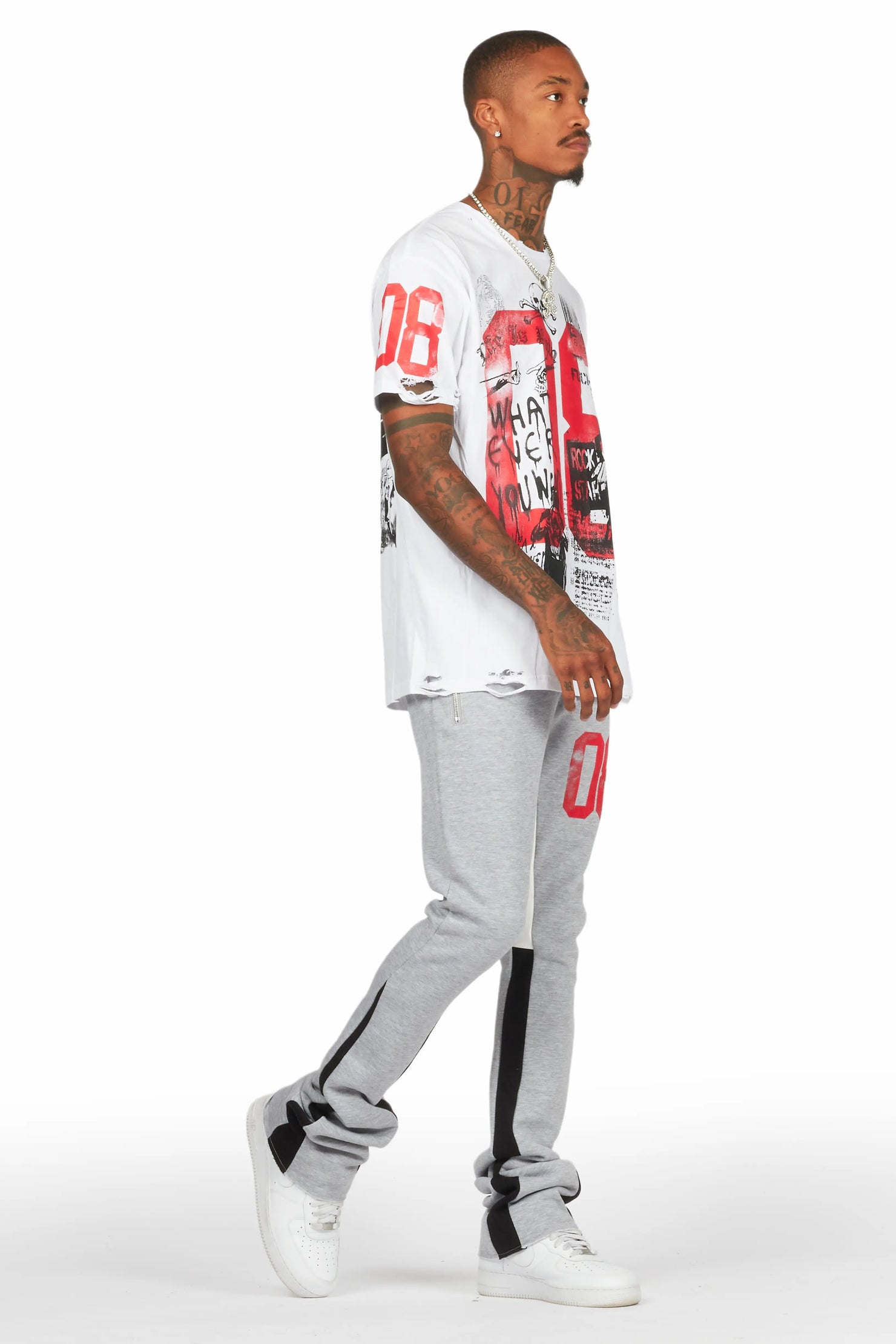 Grill White/Grey Oversized T-Shirt/Stacked Track Set