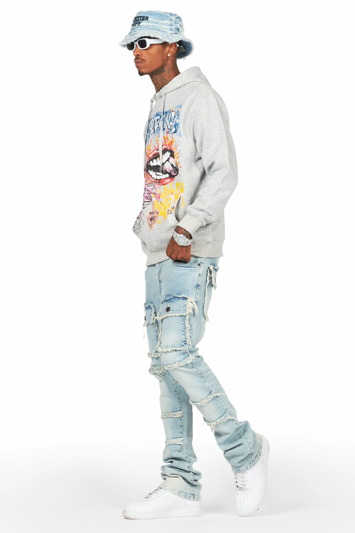 Yooz Heather Grey Hoodie/Stacked Flare Cargo Jean Bundle