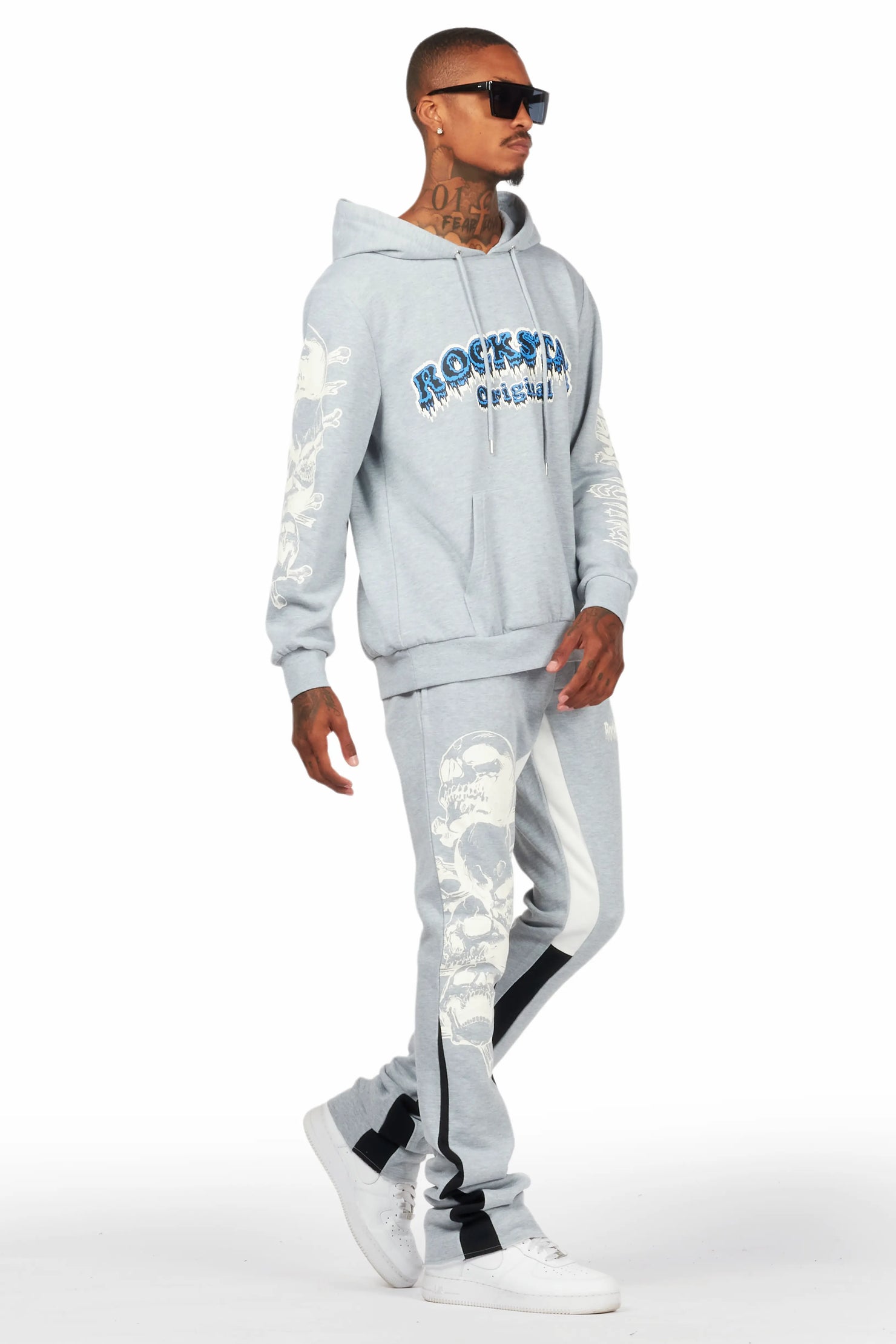 Tabor Heather Grey/Black Graphic Hoodie/Stacked Flare Pant Track Set