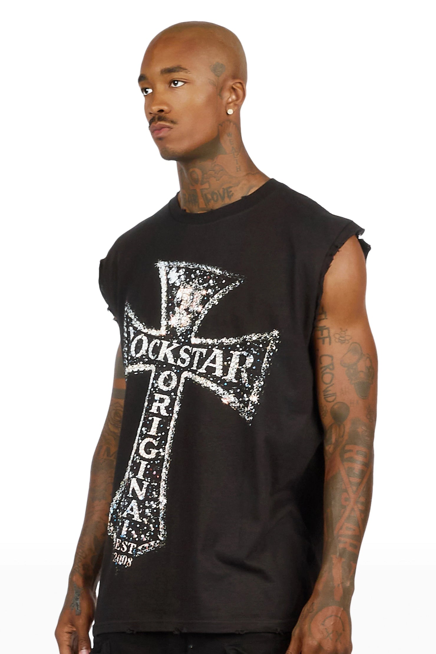 Chazen Black Oversized Cut Off T-Shirt