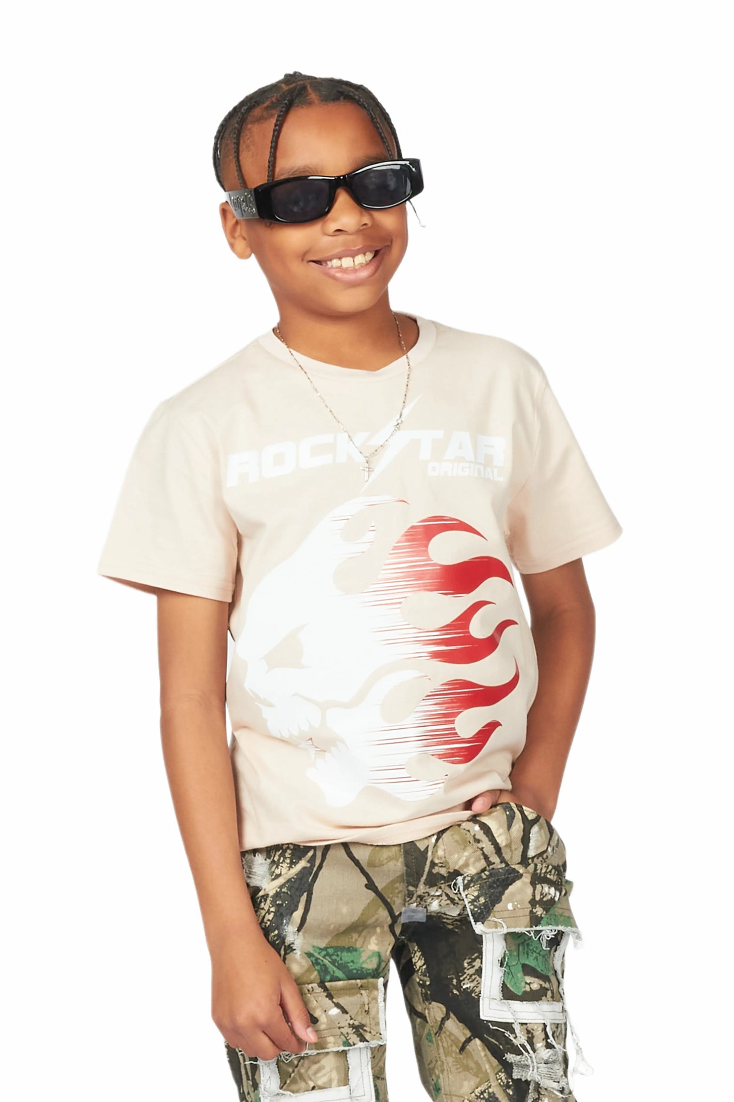 Boys Dane Beige T-Shirt/Super Stacked Flare Jean Set