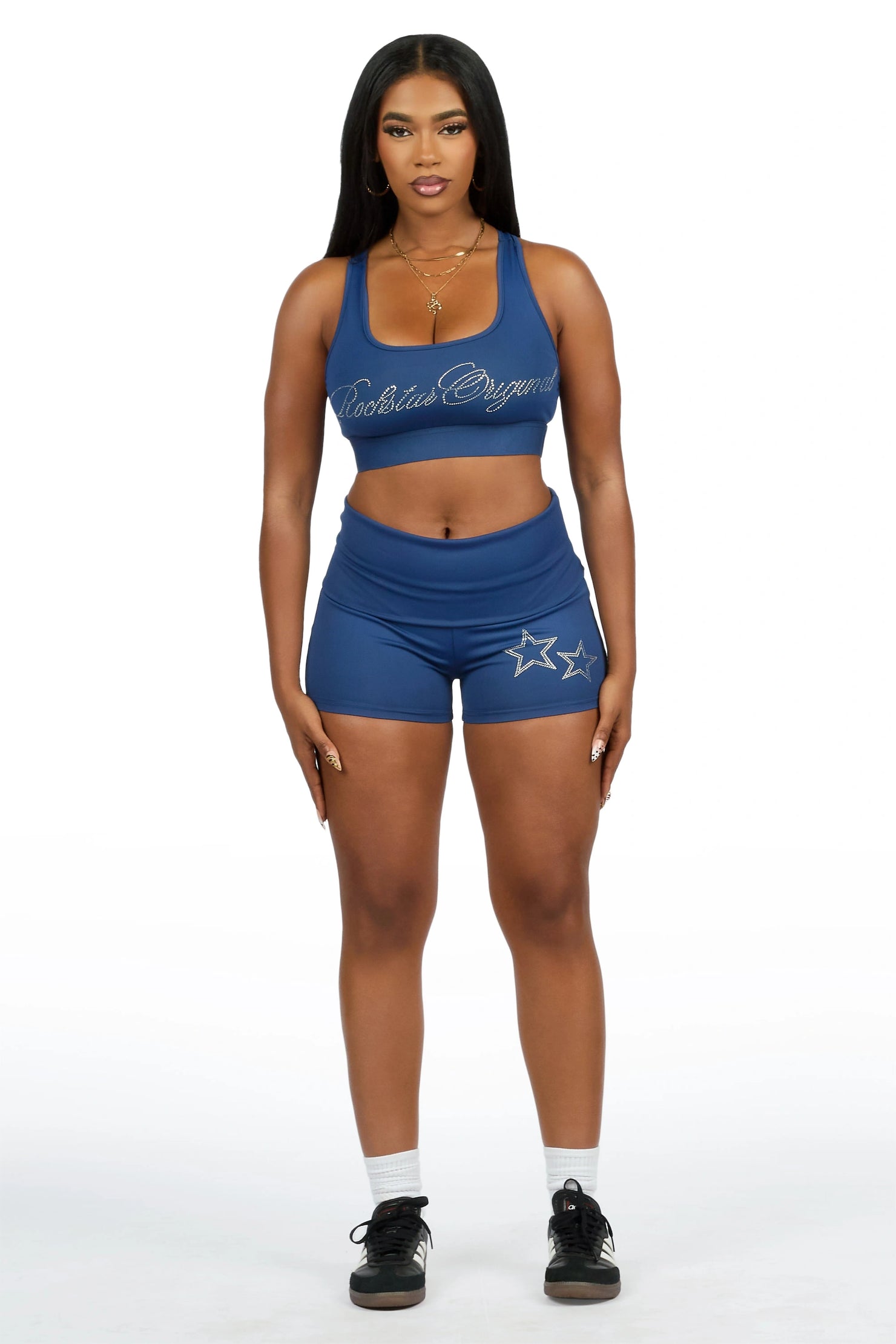 Arieona Navy Rhinestone Sports Bra Foldover Short Set