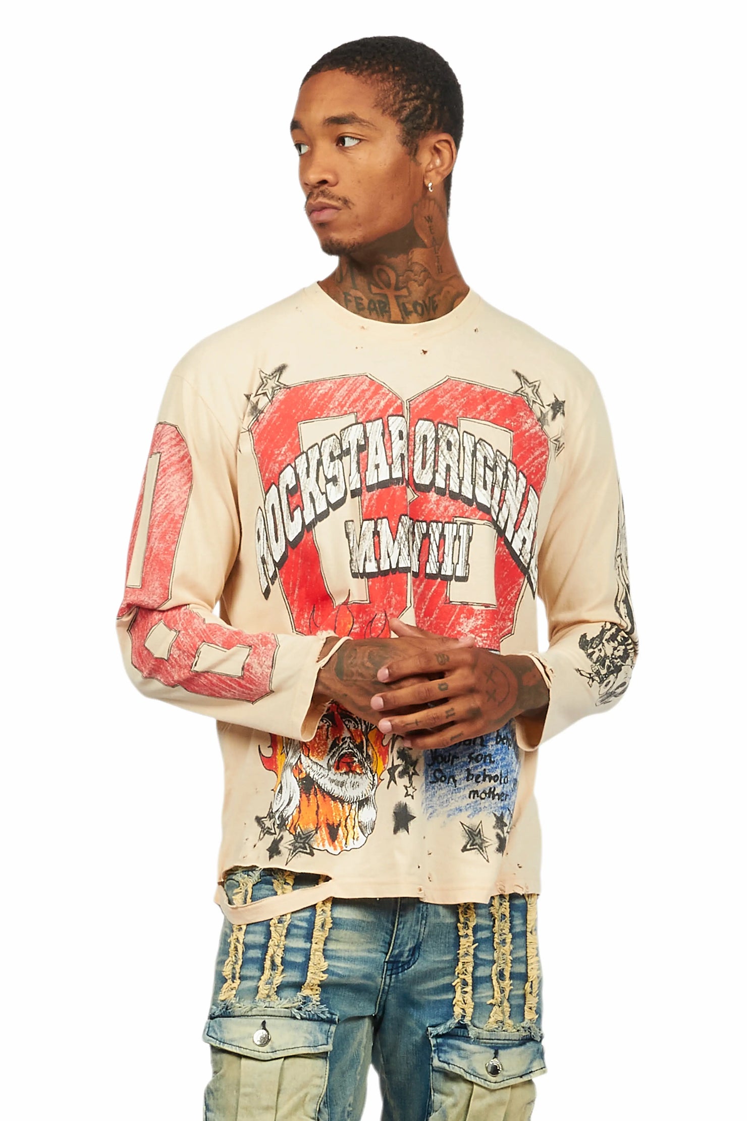 Jesus Crayon Vintage Sand Long Sleeve Graphic T-Shirt