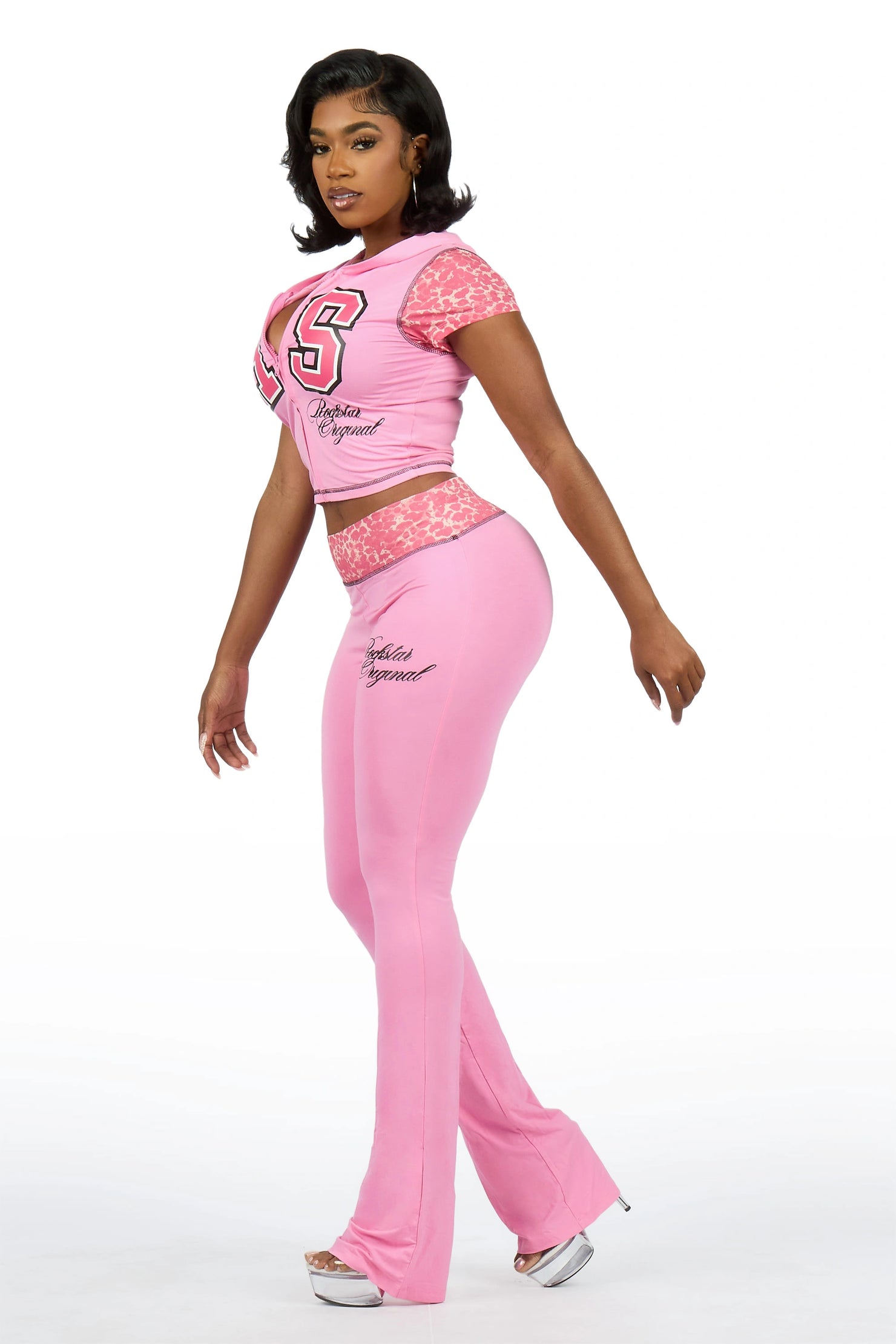 Kateya Pink/Cheetah Short Sleeve Zip Up Track Set
