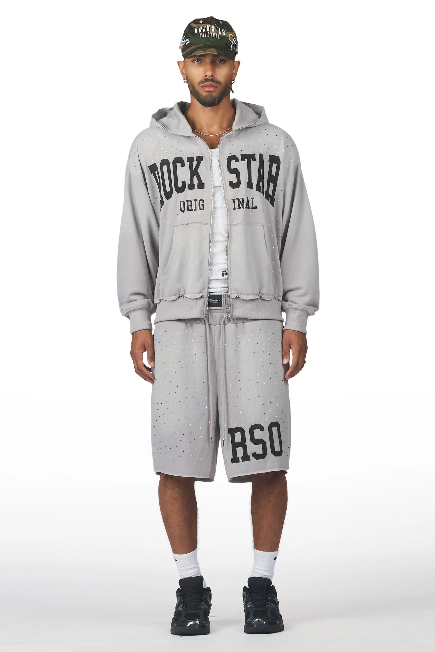 Akila Grey Rhinestone Hoodie Double Waisted Short Set