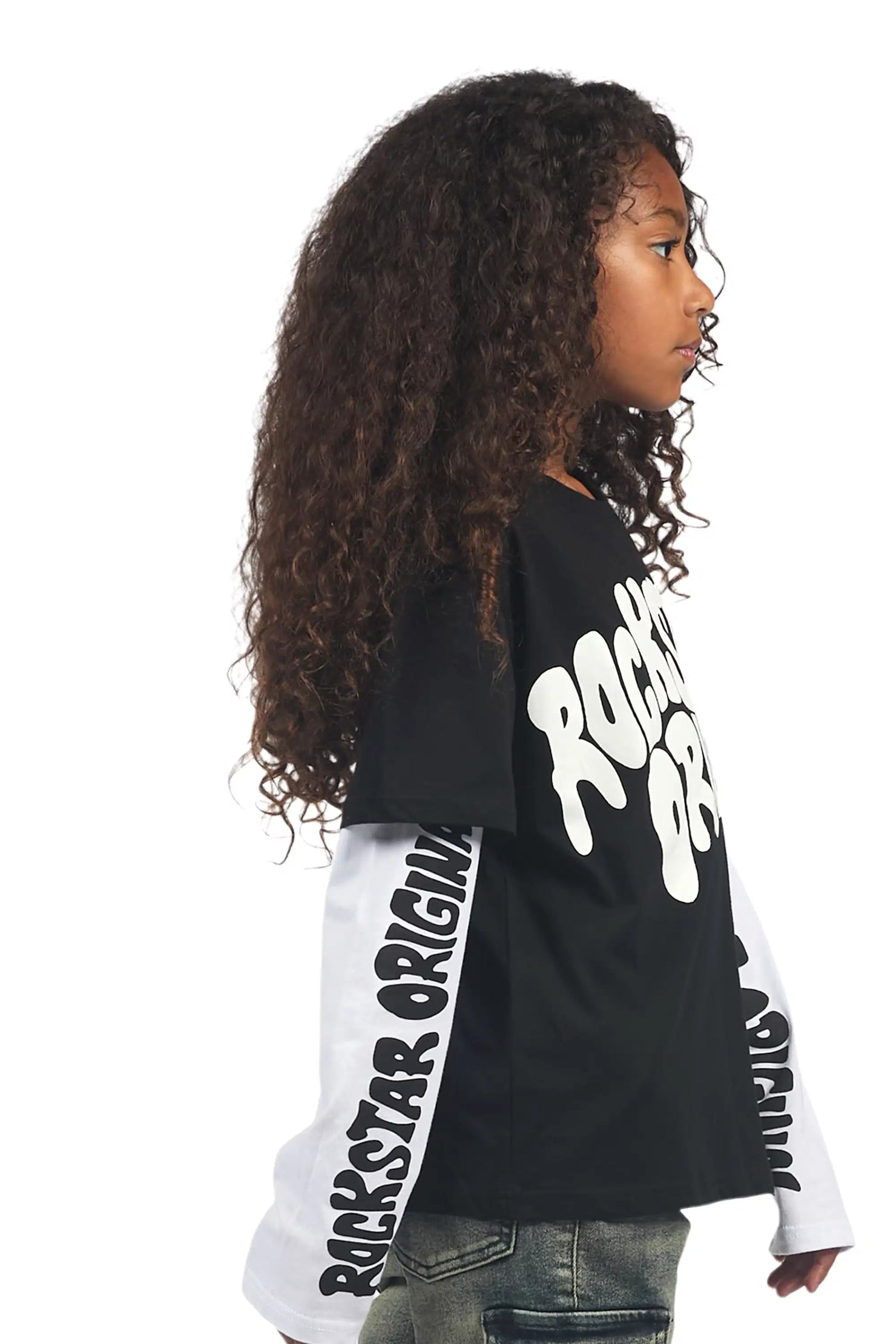 Girls Monique Black/White Double Layer L/S Graphic T-Shirt
