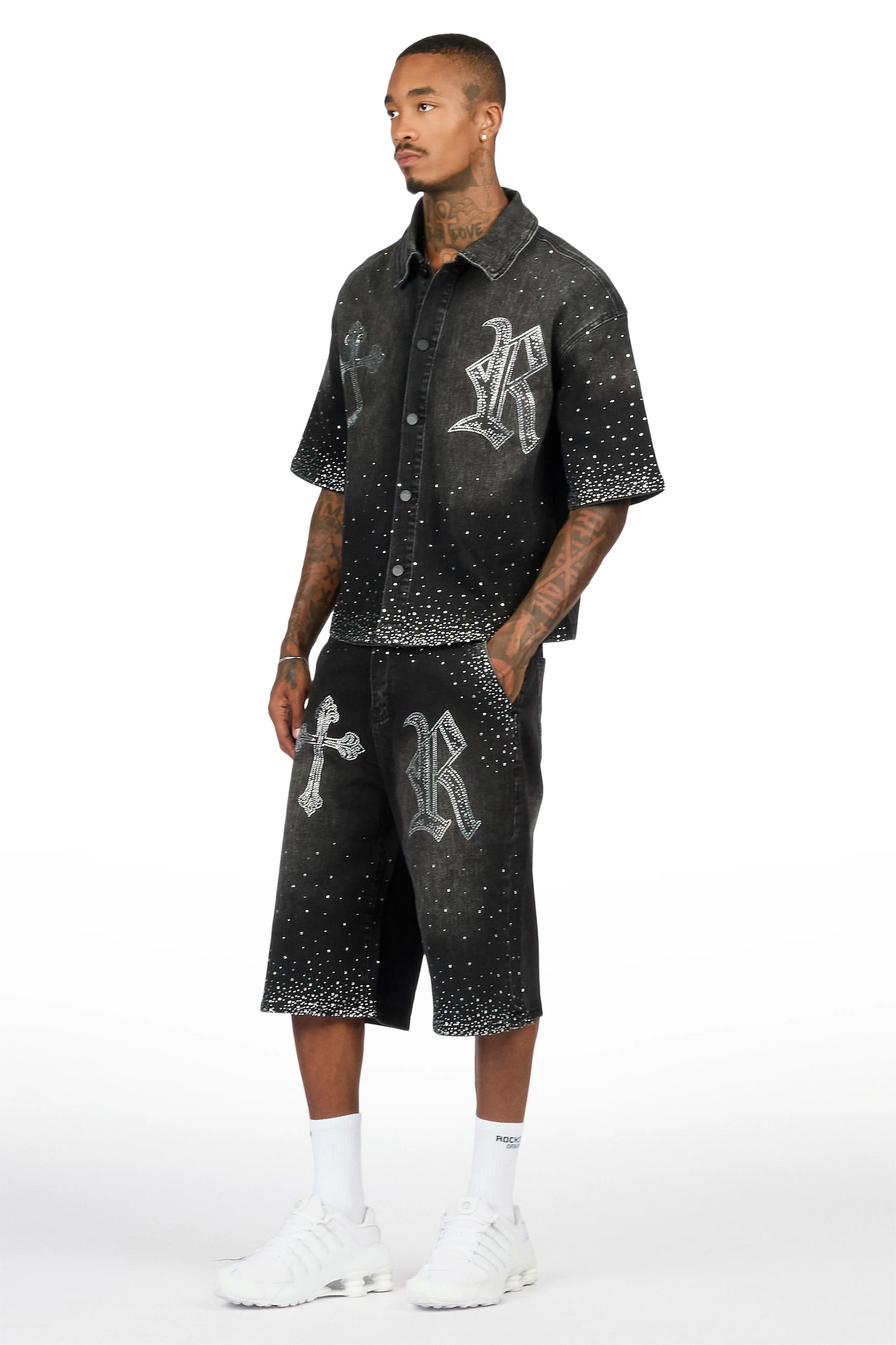 Clemente Black Rhinestone Button Down Shirt Jort Set