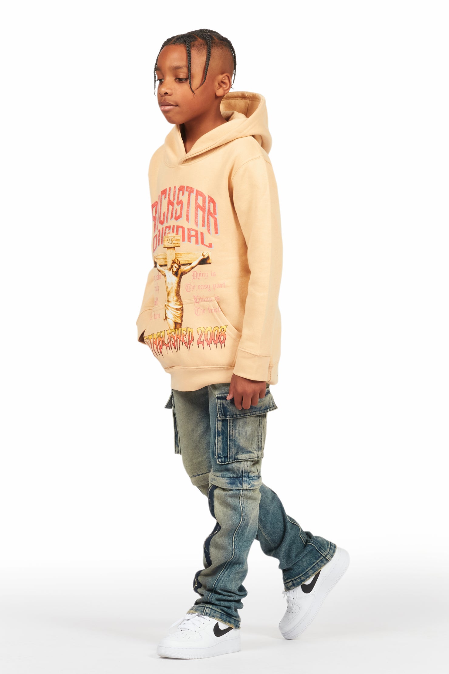 Boys Hayes Beige Hoodie/Stacked Flare Jean Set