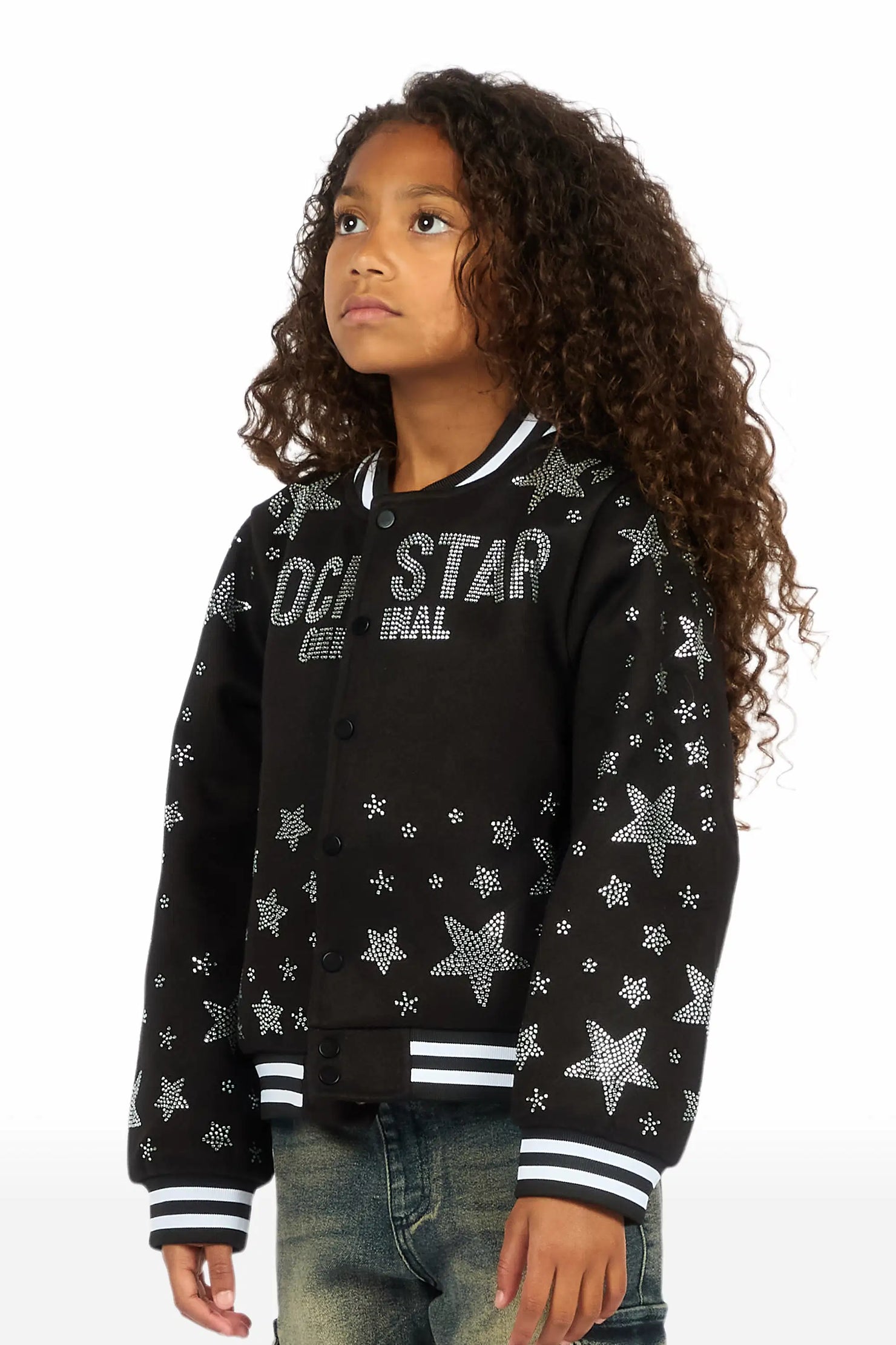 Girls Shanda Black Crop Varsity Jacket