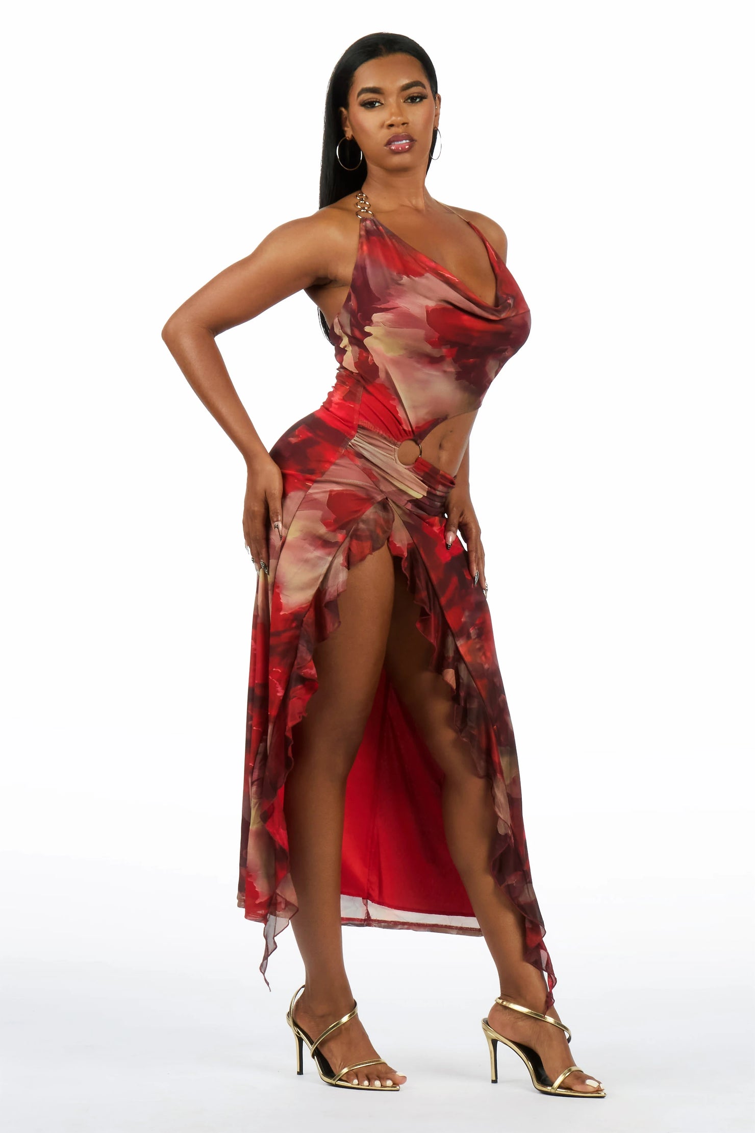 Over-Seas Red Cut-Out Maxi Print Dress