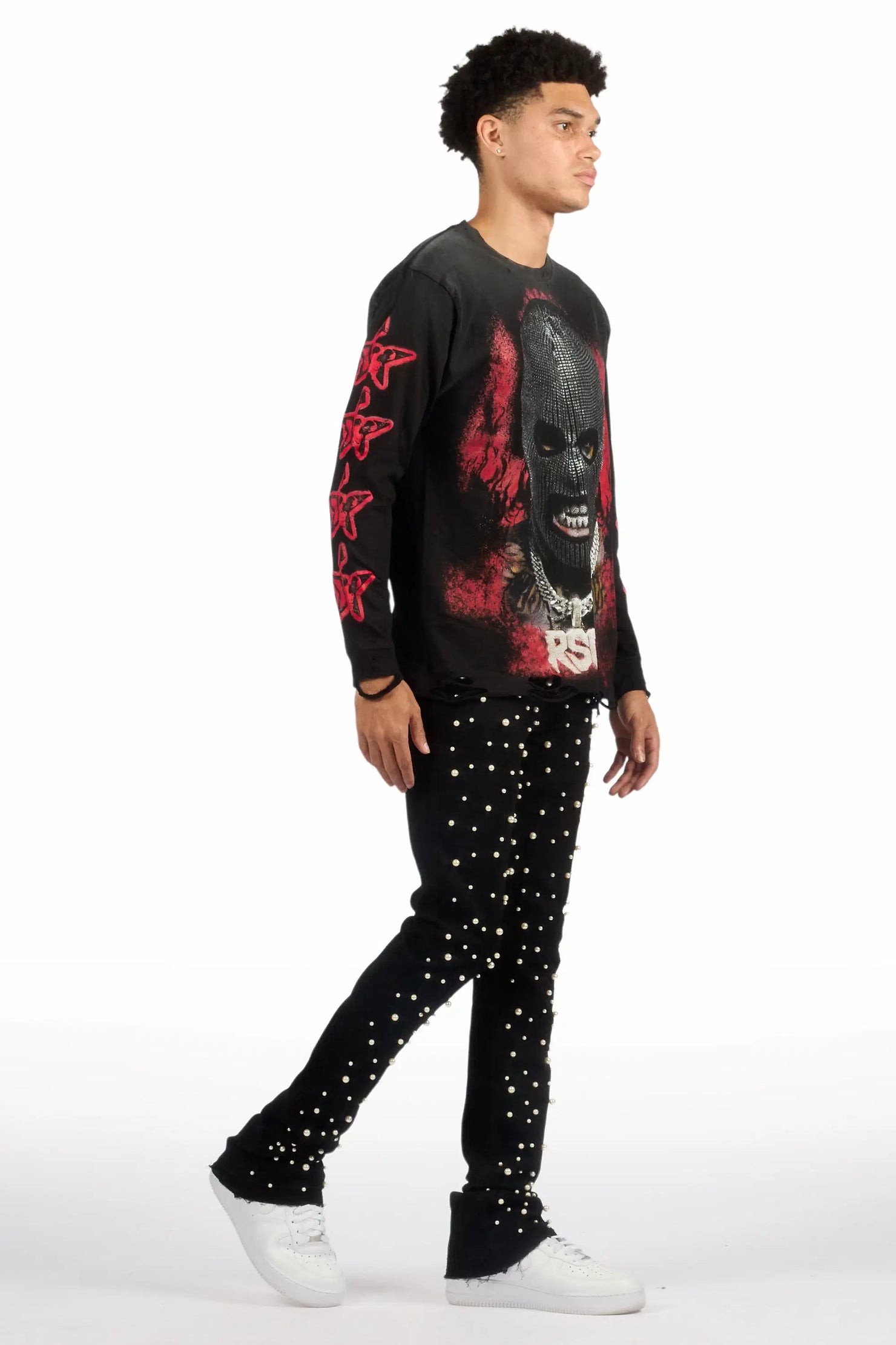 Phreal Jet Black Rhinestone Stacked Flare Jean