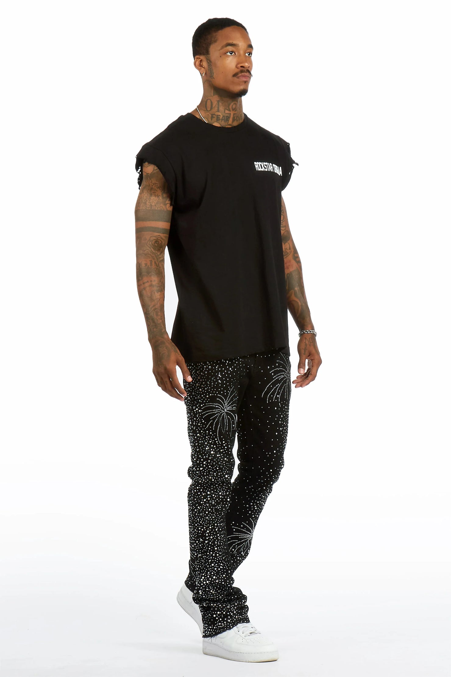 Raiden Black Rhinestone Stacked Fit Jean