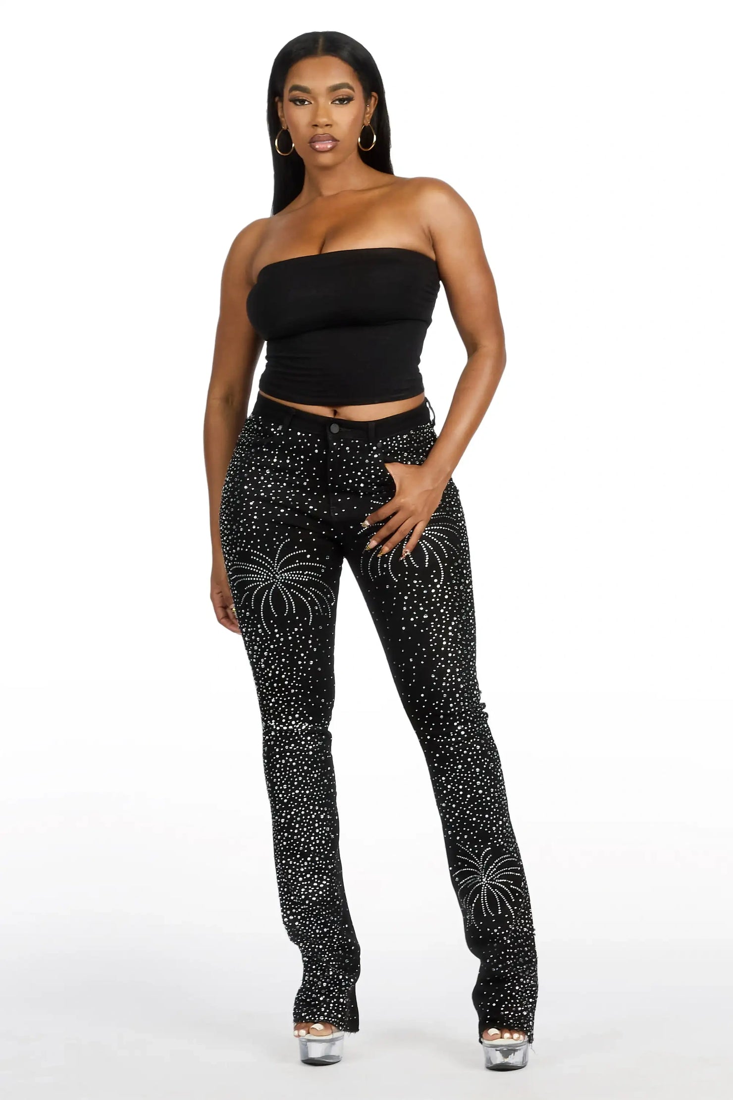 Jamella Black Rhinestone Stacked Flare Jean