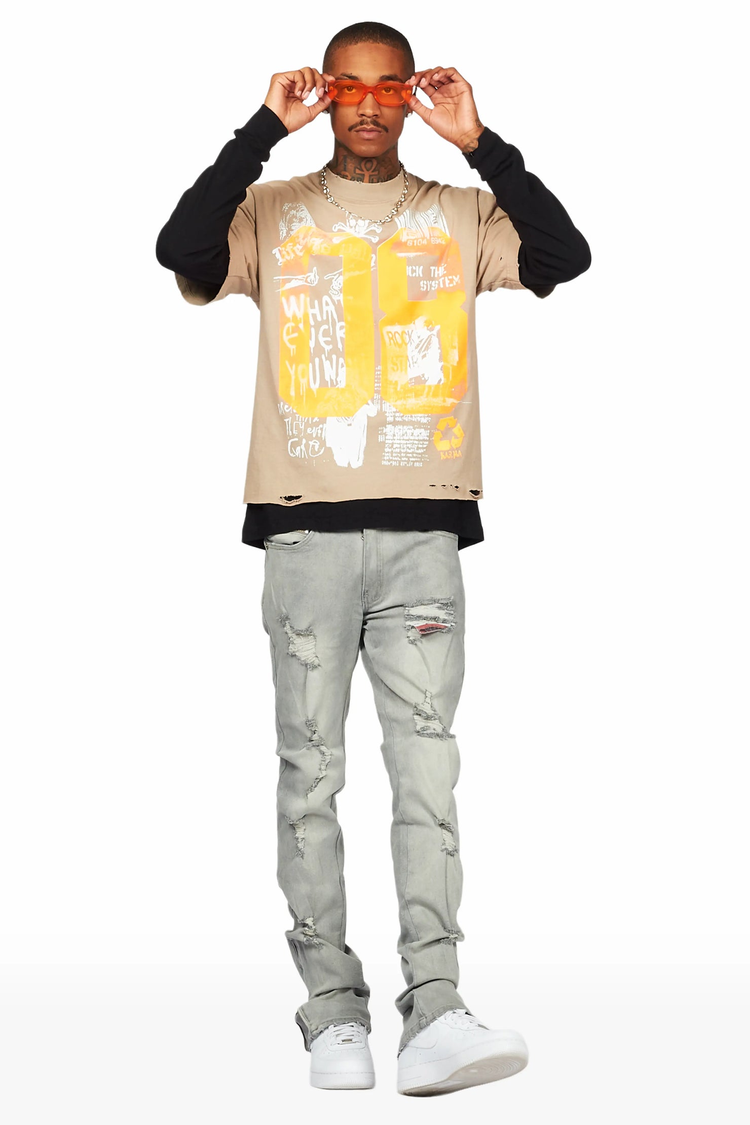 Ezio Light Grey Stacked Flare Jean