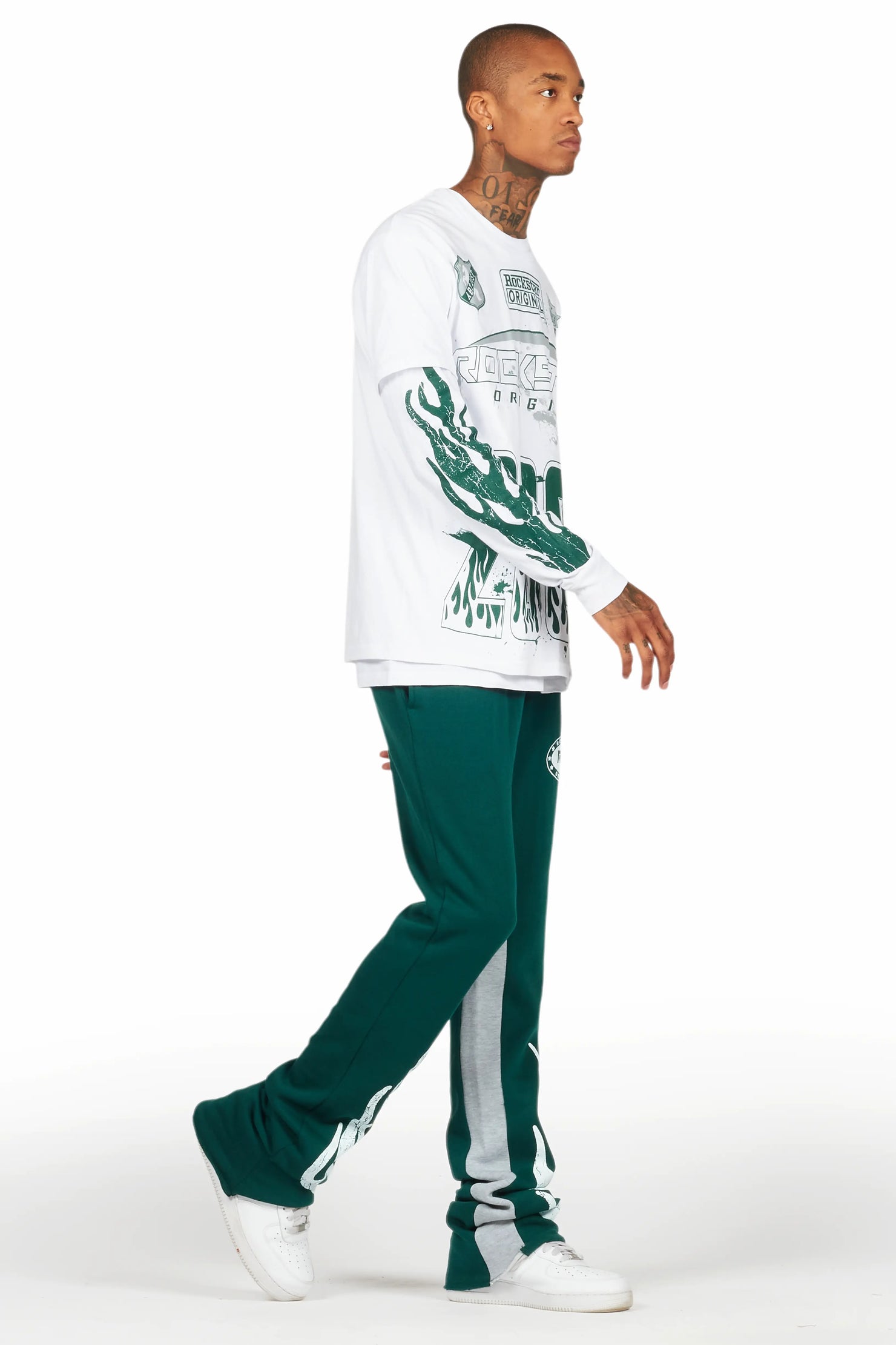Amos White/Green Double Layer T-Shirt/Stacked Baggy Pant Set