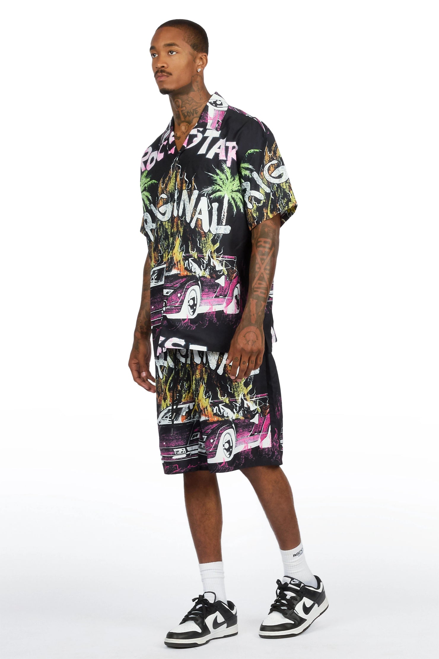 Axrian Black Button Down T-Shirt/Short Set