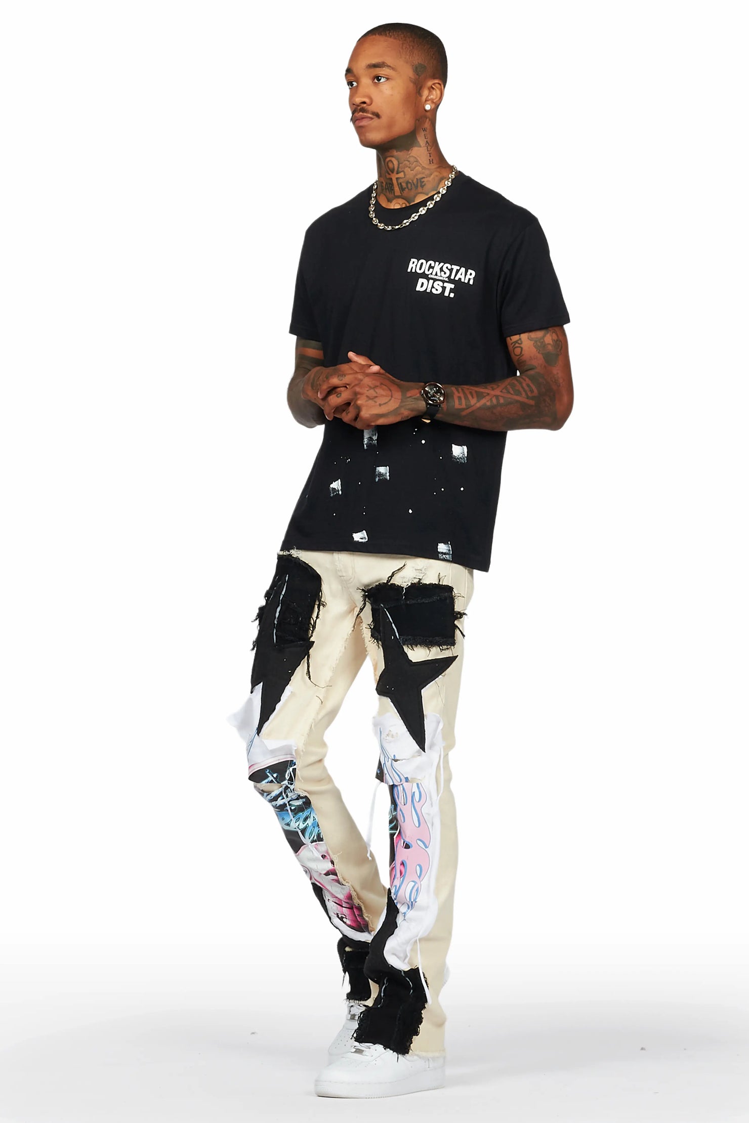 Helios Beige Patchwork Stacked Flare Jean