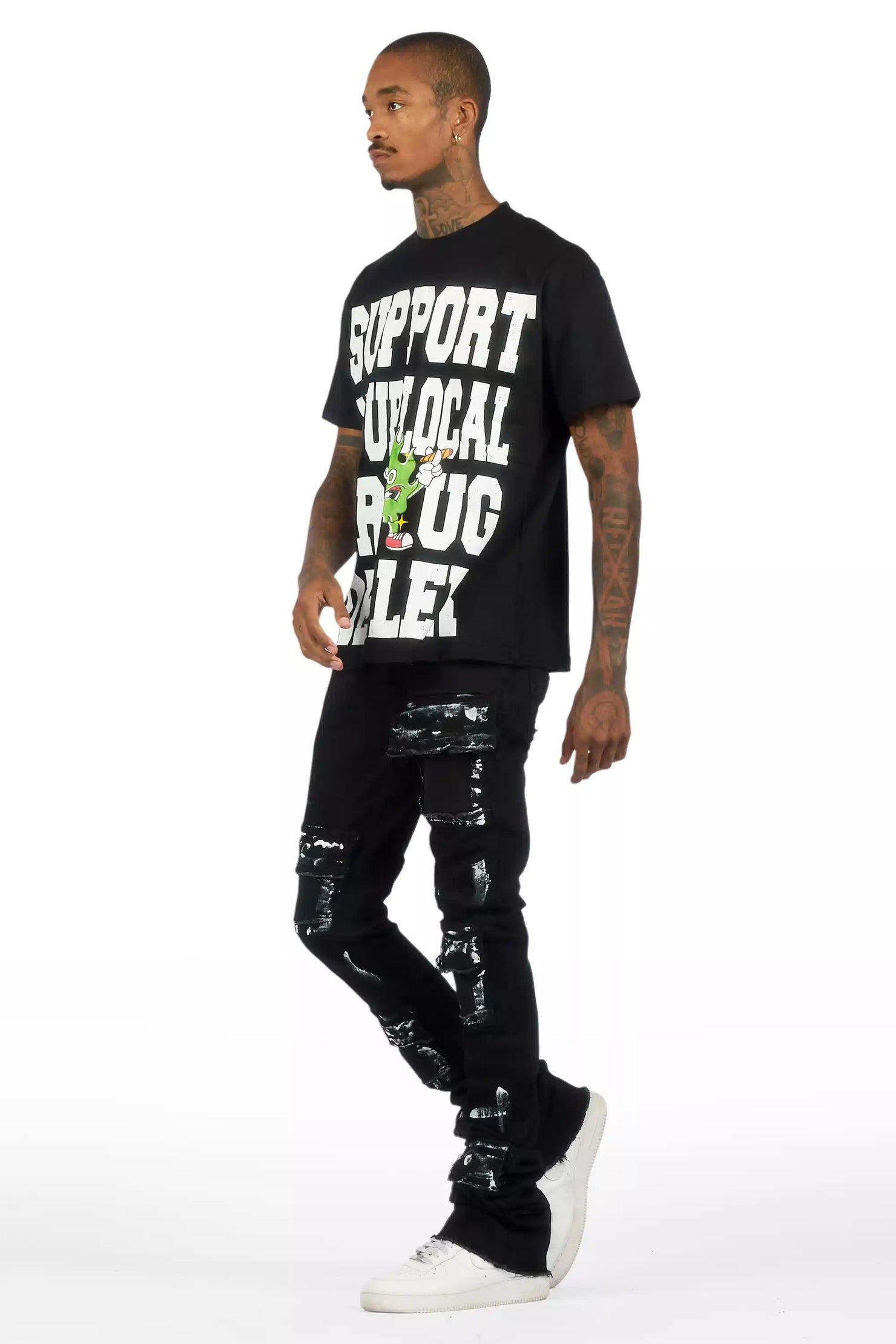 Tarl Black Oversized T-Shirt/Painted Super Stacked Flare Jean Bundle