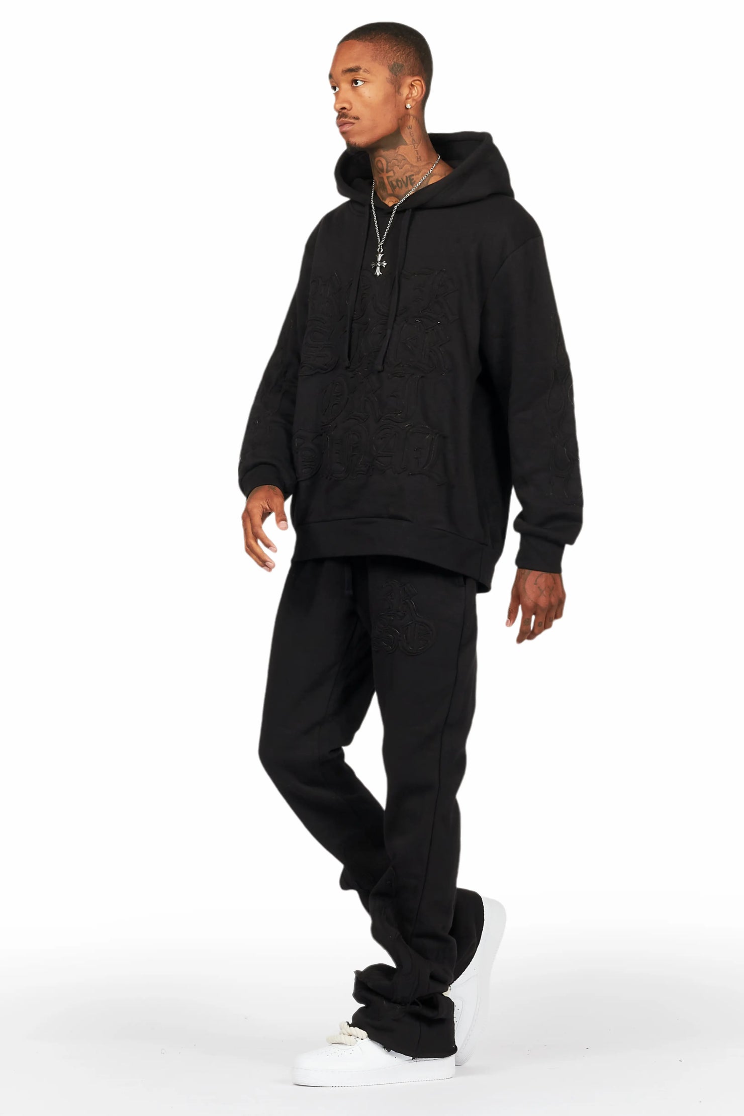 Foresty Black Hoodie Stacked Flare Track Set