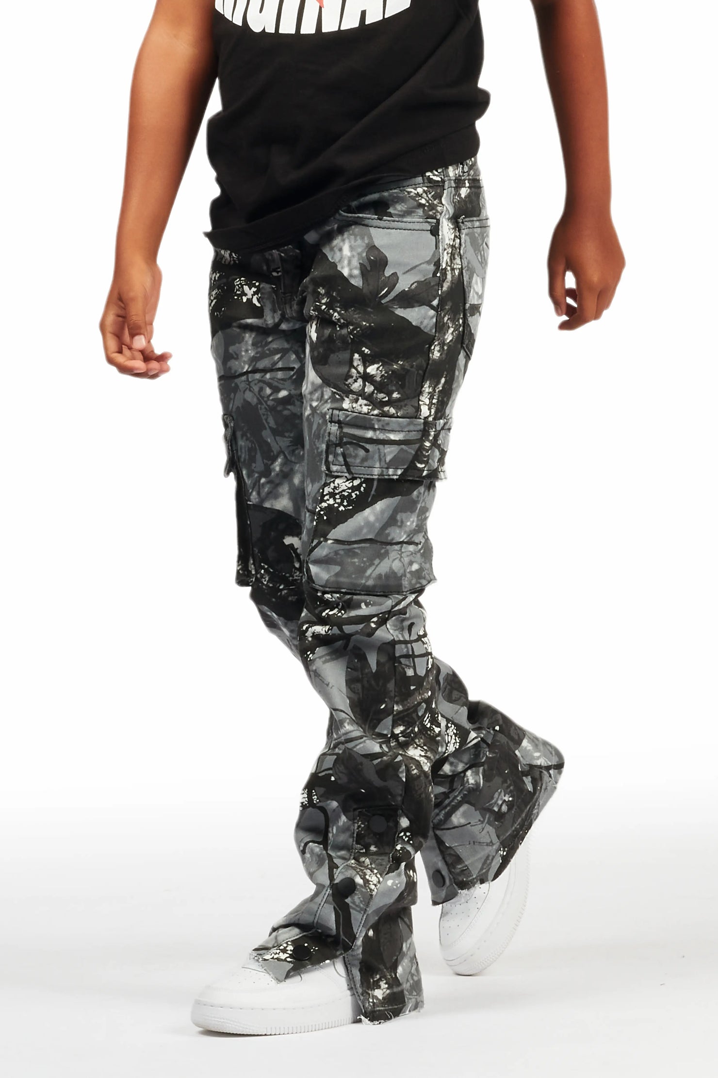 Boys Waage Grey Camo Stacked Flare Cargo Jean